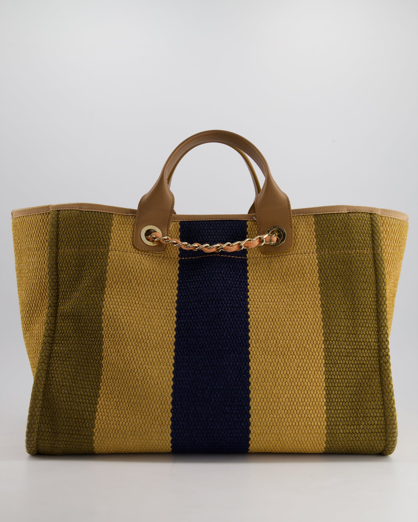 Chanel Beige, Navy and Khaki Raffia Deauville Tote with Pastel Logo and Champagne Gold Hardware