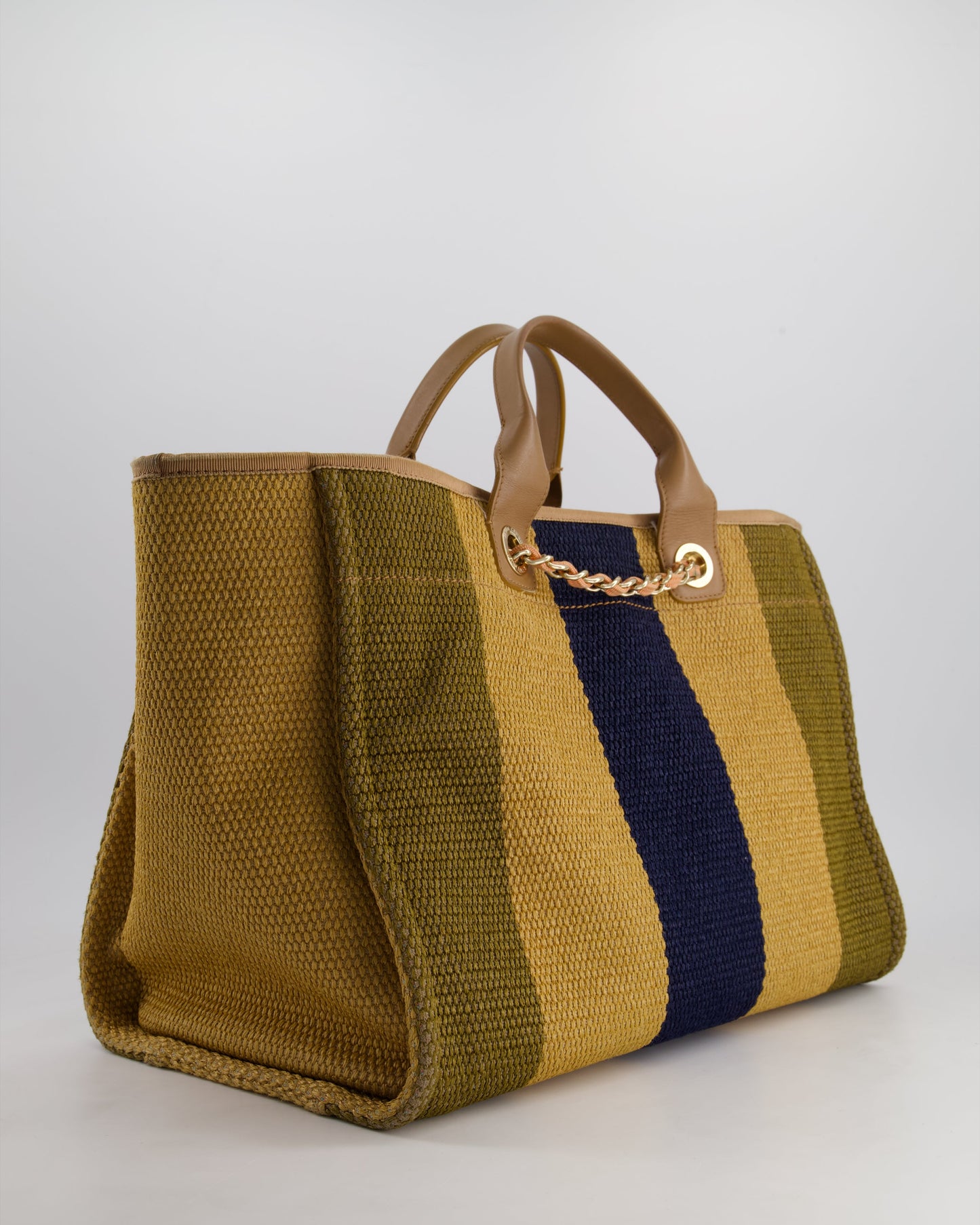 Chanel Beige, Navy and Khaki Raffia Deauville Tote with Pastel Logo and Champagne Gold Hardware