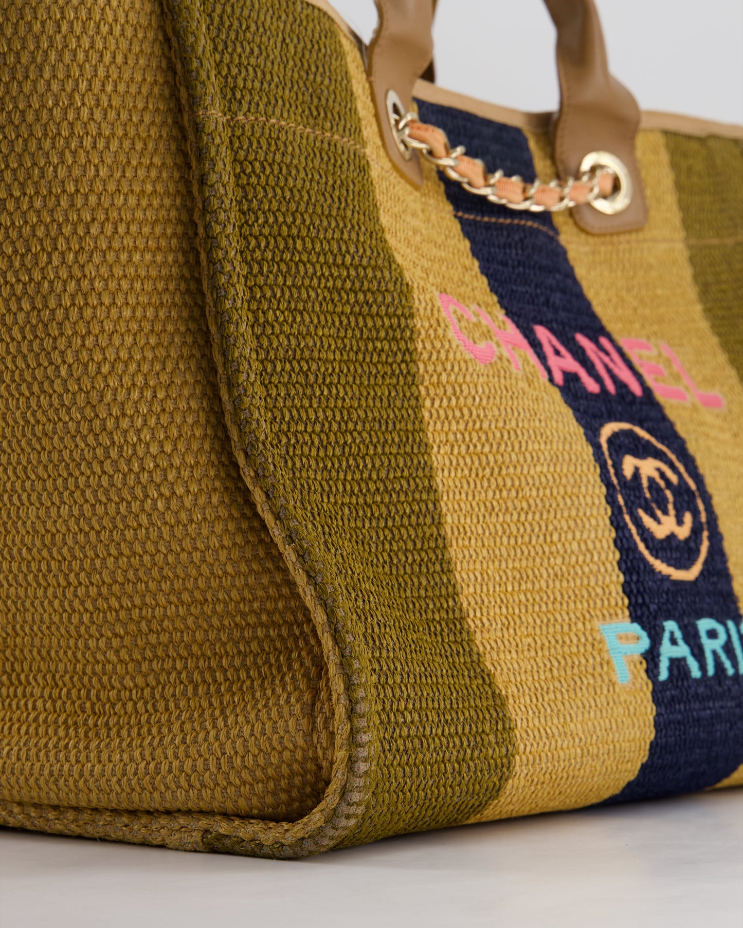 Chanel Beige, Navy and Khaki Raffia Deauville Tote with Pastel Logo and Champagne Gold Hardware