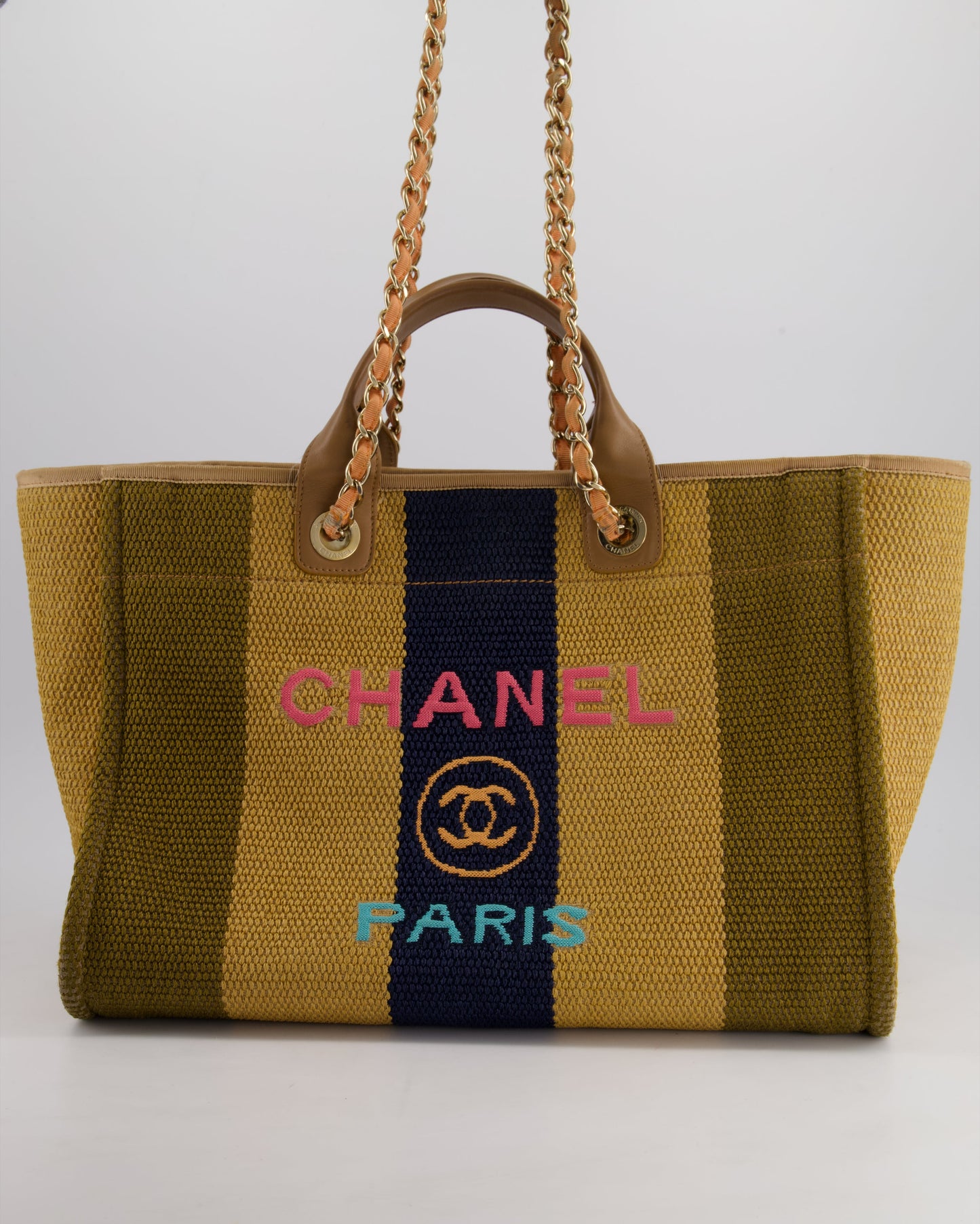 Chanel Beige, Navy and Khaki Raffia Deauville Tote with Pastel Logo and Champagne Gold Hardware