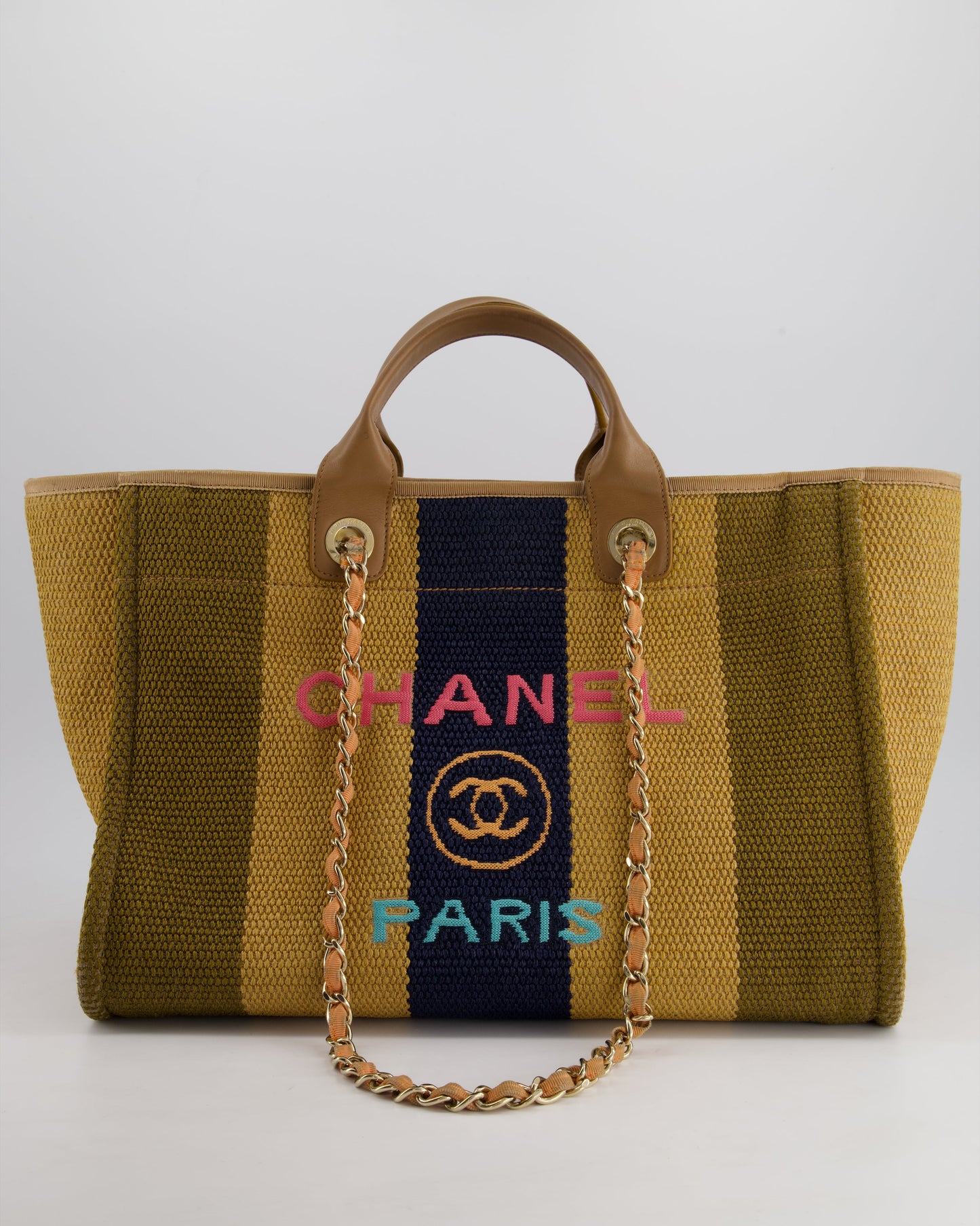 Chanel Beige, Navy and Khaki Raffia Deauville Tote with Pastel Logo and Champagne Gold Hardware