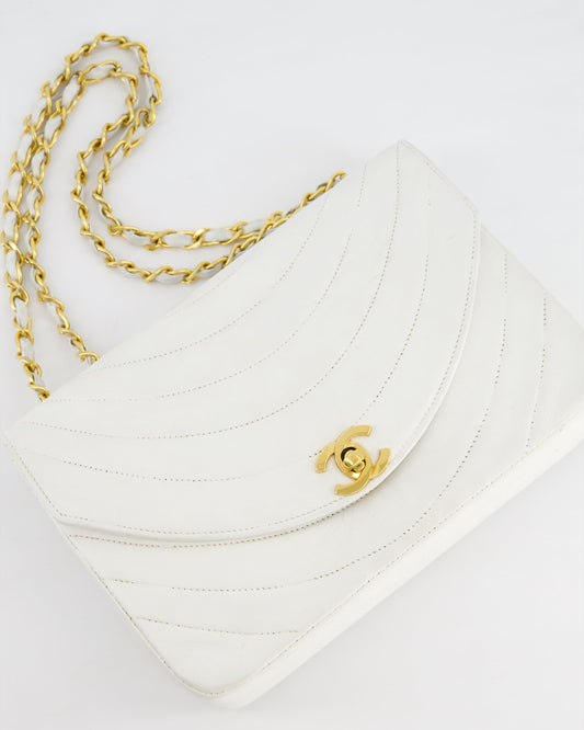 Chanel White Half Moon Curve Flap Quilted Bag With 24k Gold Hardware