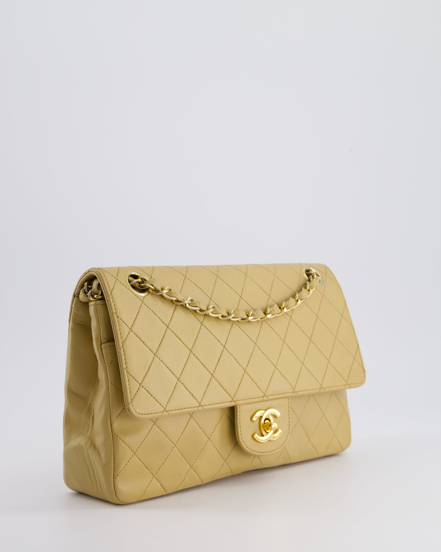 *FIRE PRICE* Chanel Chai Beige Classic Medium Stitched Edge Double Flap Bag in Lambskin Leather with 24K Gold Hardware
