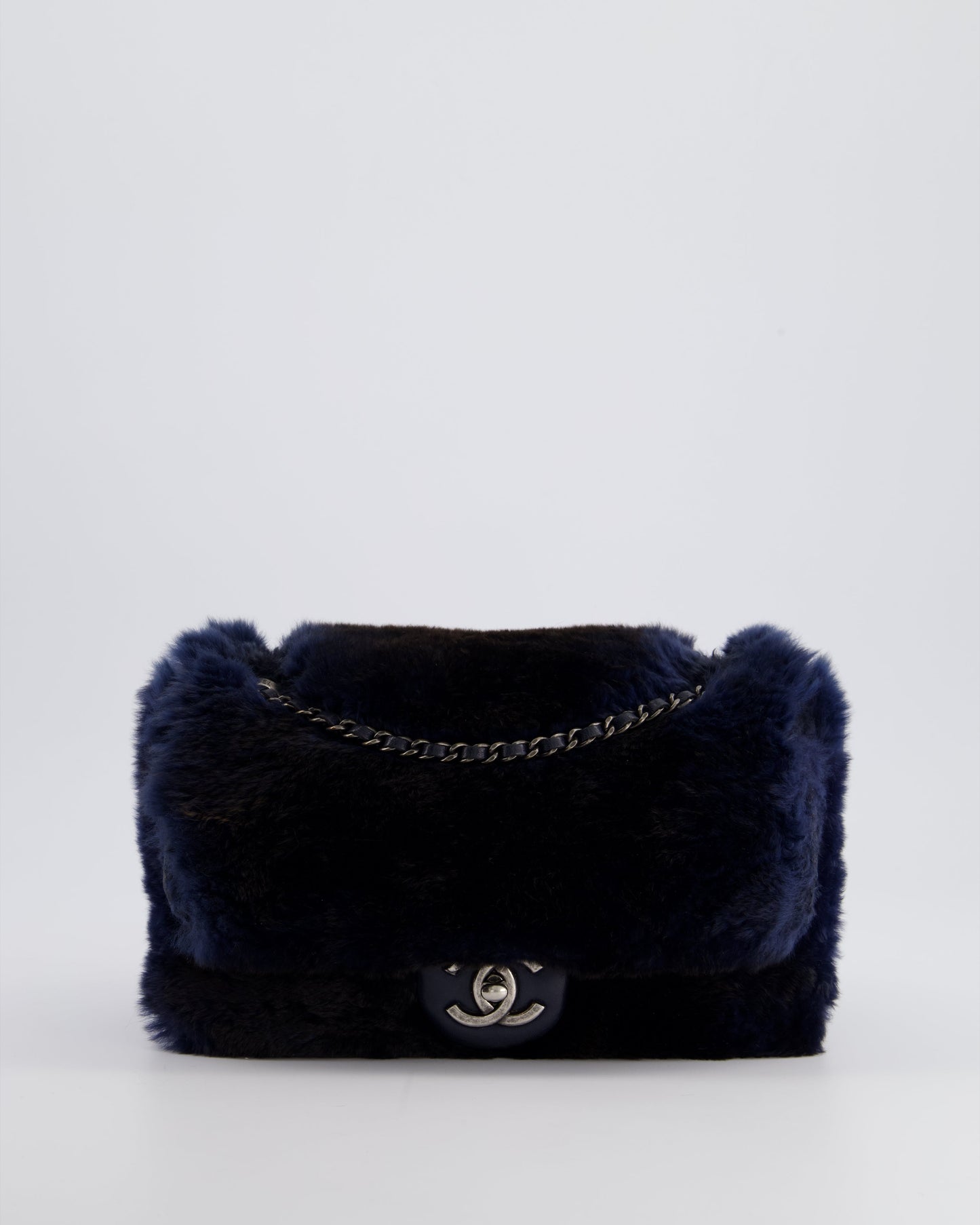 Chanel Navy Rabbit Fur Single Flap Bag with Silver Hardware