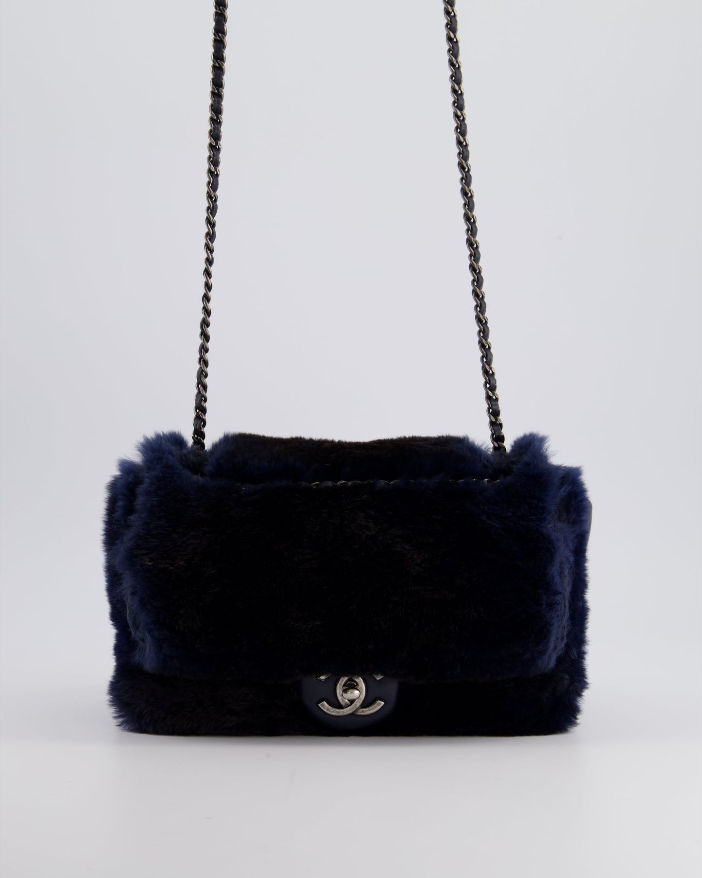 Chanel Navy Rabbit Fur Single Flap Bag with Silver Hardware