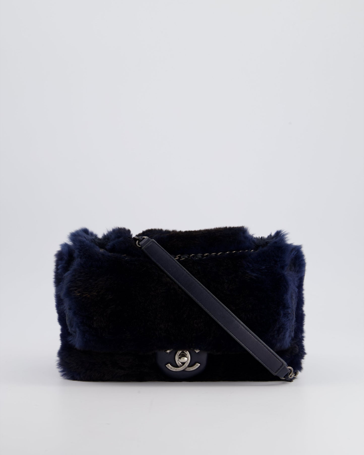 Chanel Navy Rabbit Fur Single Flap Bag with Silver Hardware