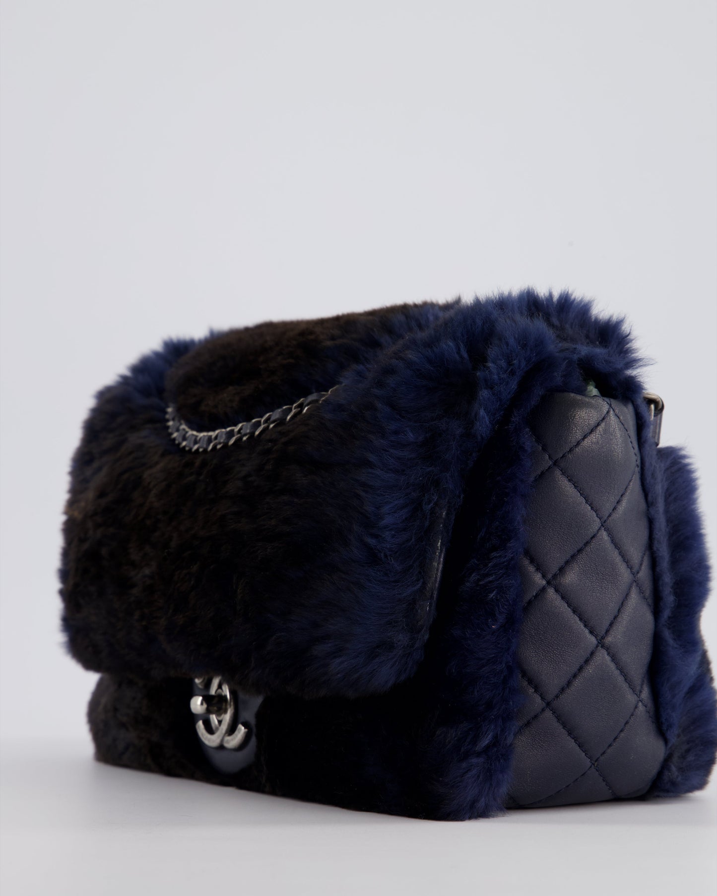 Chanel Navy Rabbit Fur Single Flap Bag with Silver Hardware