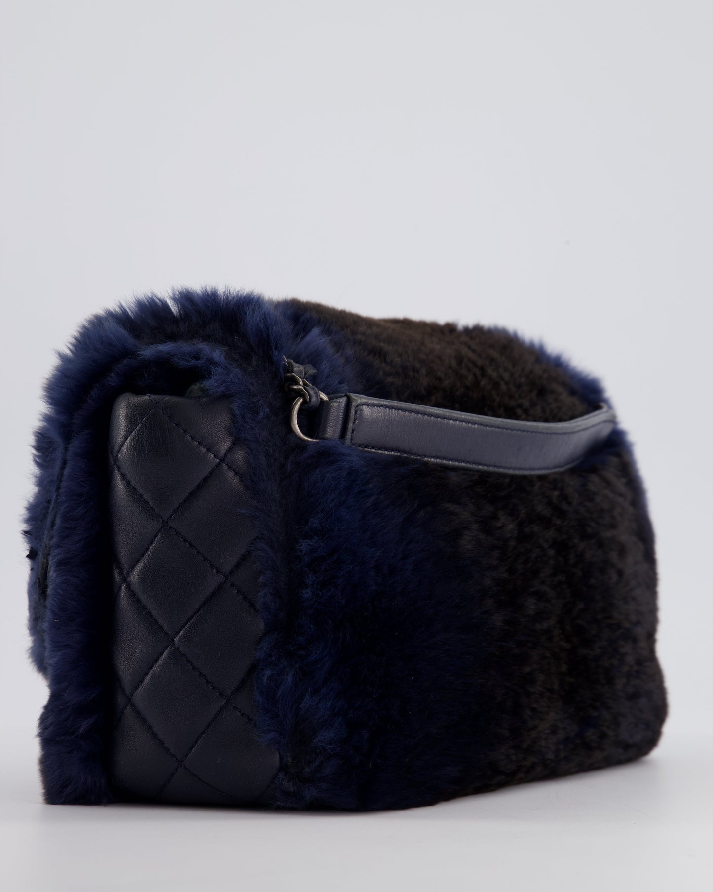 Chanel Navy Rabbit Fur Single Flap Bag with Silver Hardware