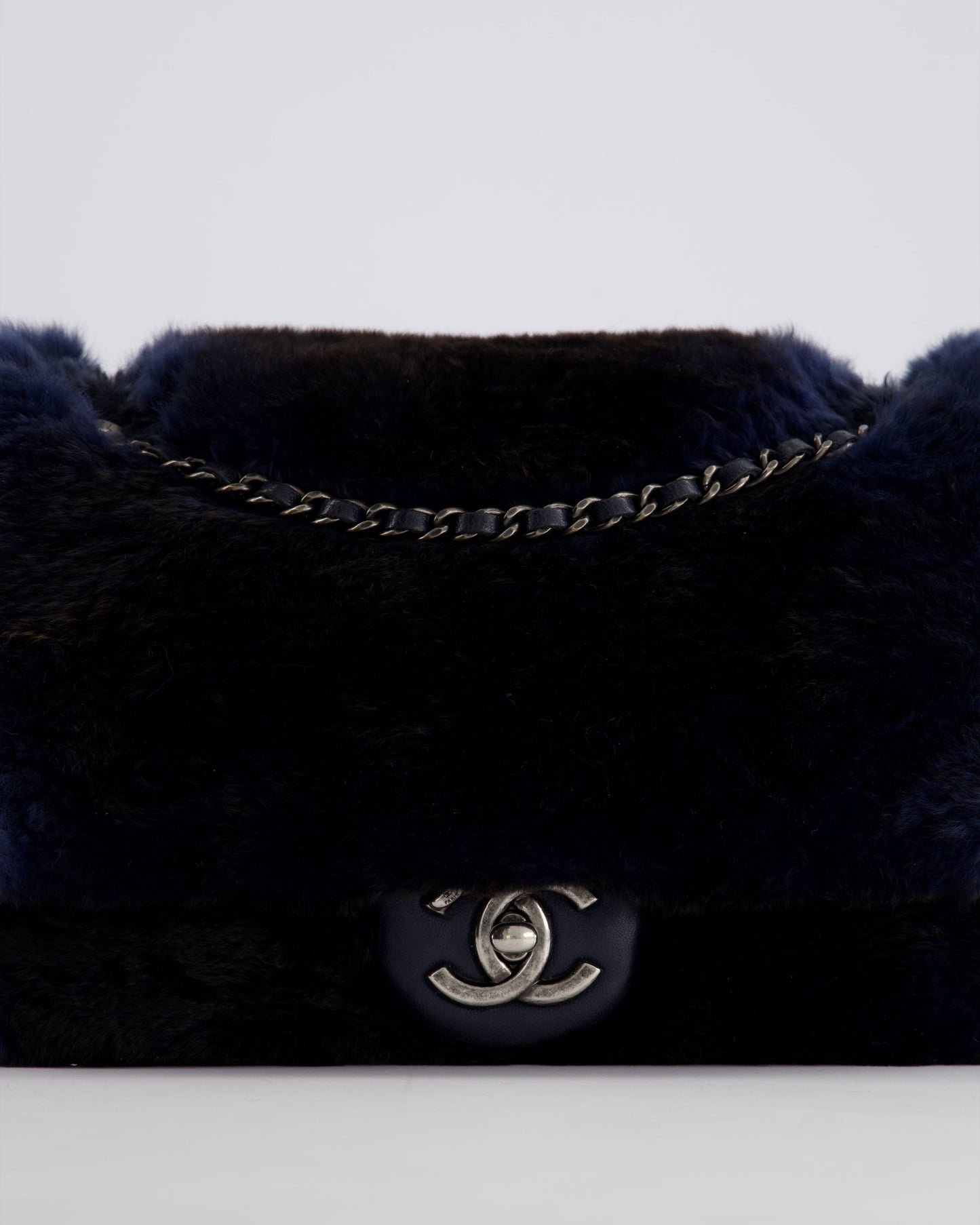 Chanel Navy Rabbit Fur Single Flap Bag with Silver Hardware