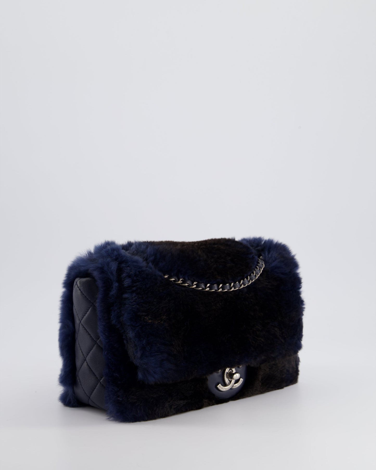 Chanel Navy Rabbit Fur Single Flap Bag with Silver Hardware