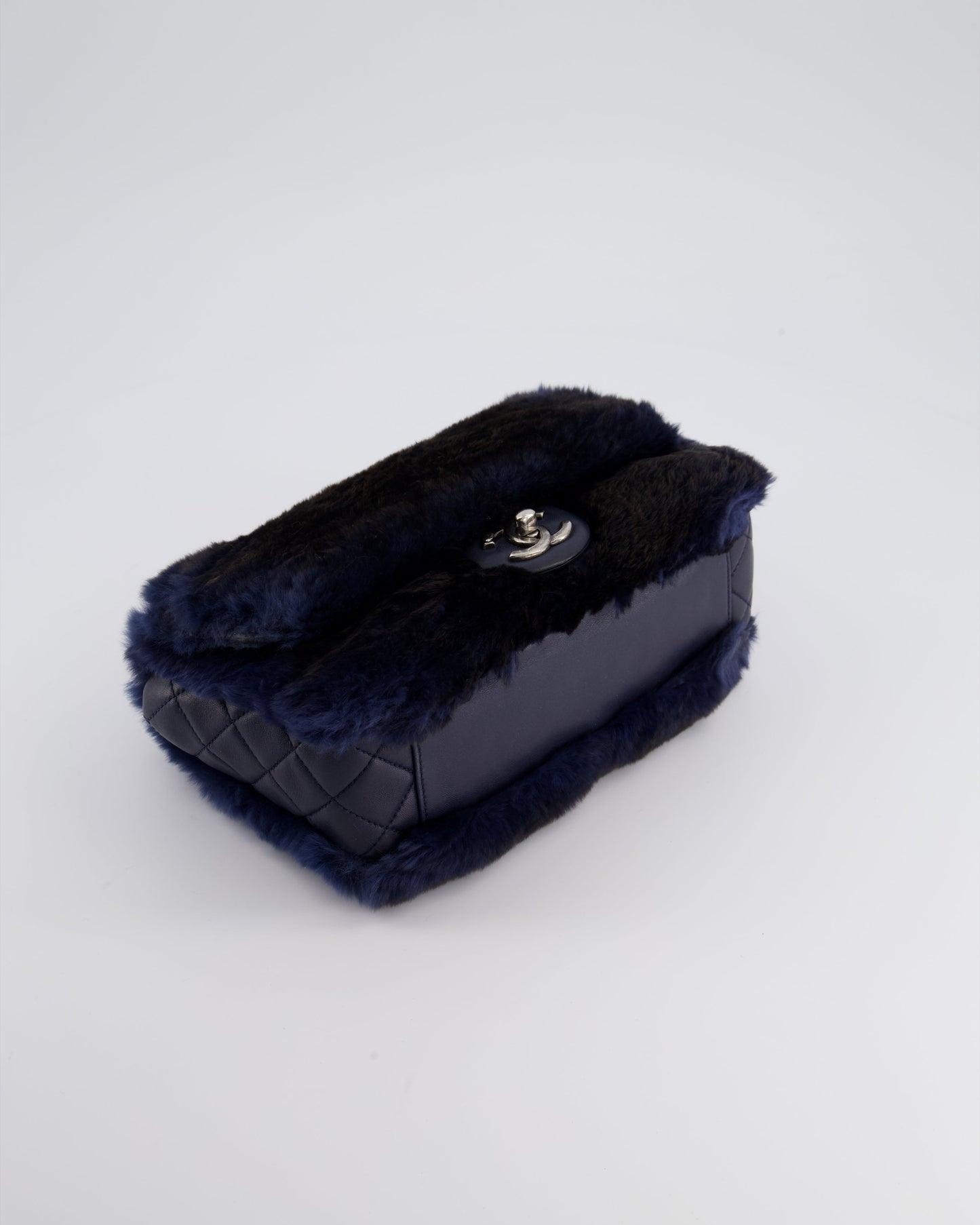 Chanel Navy Rabbit Fur Single Flap Bag with Silver Hardware