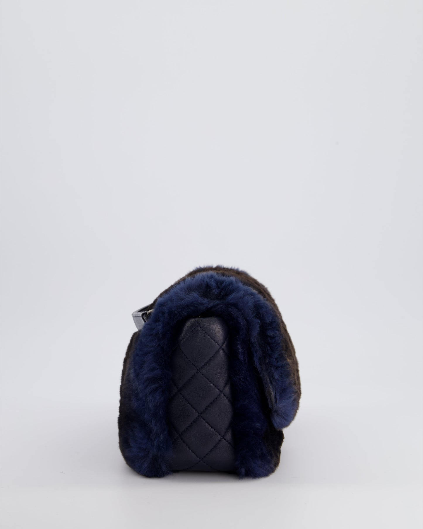 Chanel Navy Rabbit Fur Single Flap Bag with Silver Hardware