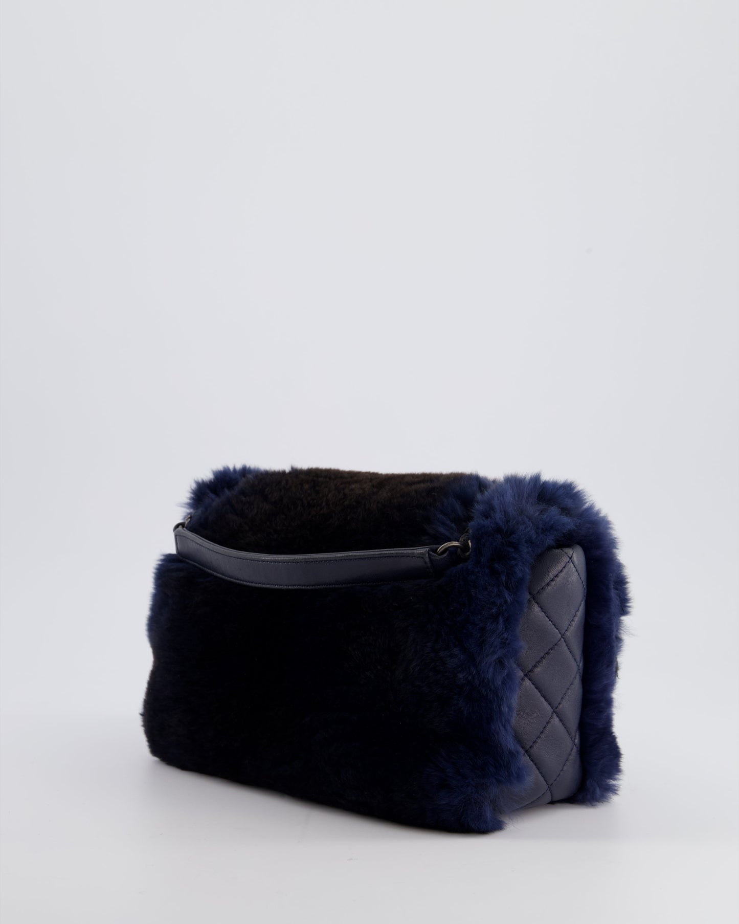 Chanel Navy Rabbit Fur Single Flap Bag with Silver Hardware