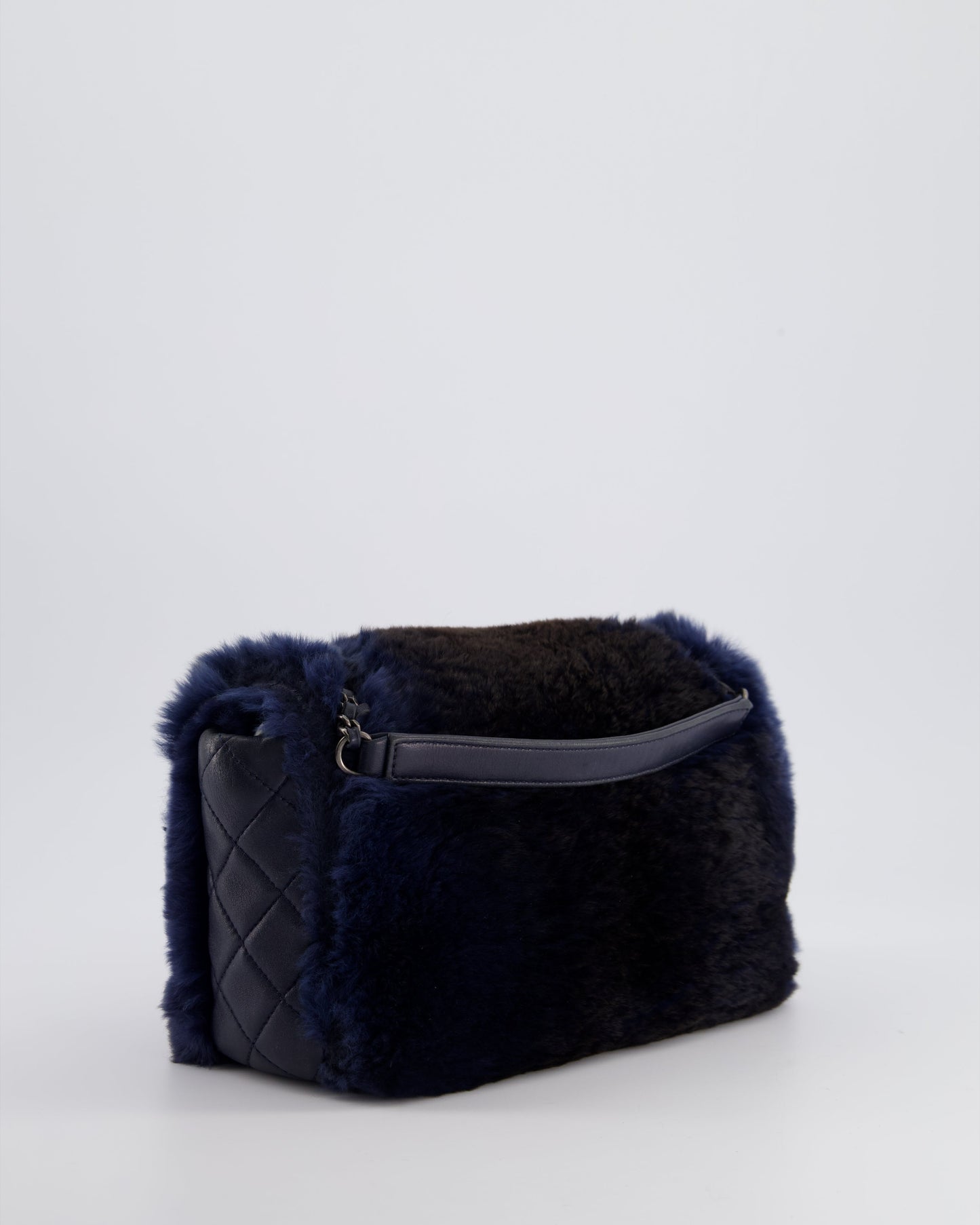 Chanel Navy Rabbit Fur Single Flap Bag with Silver Hardware