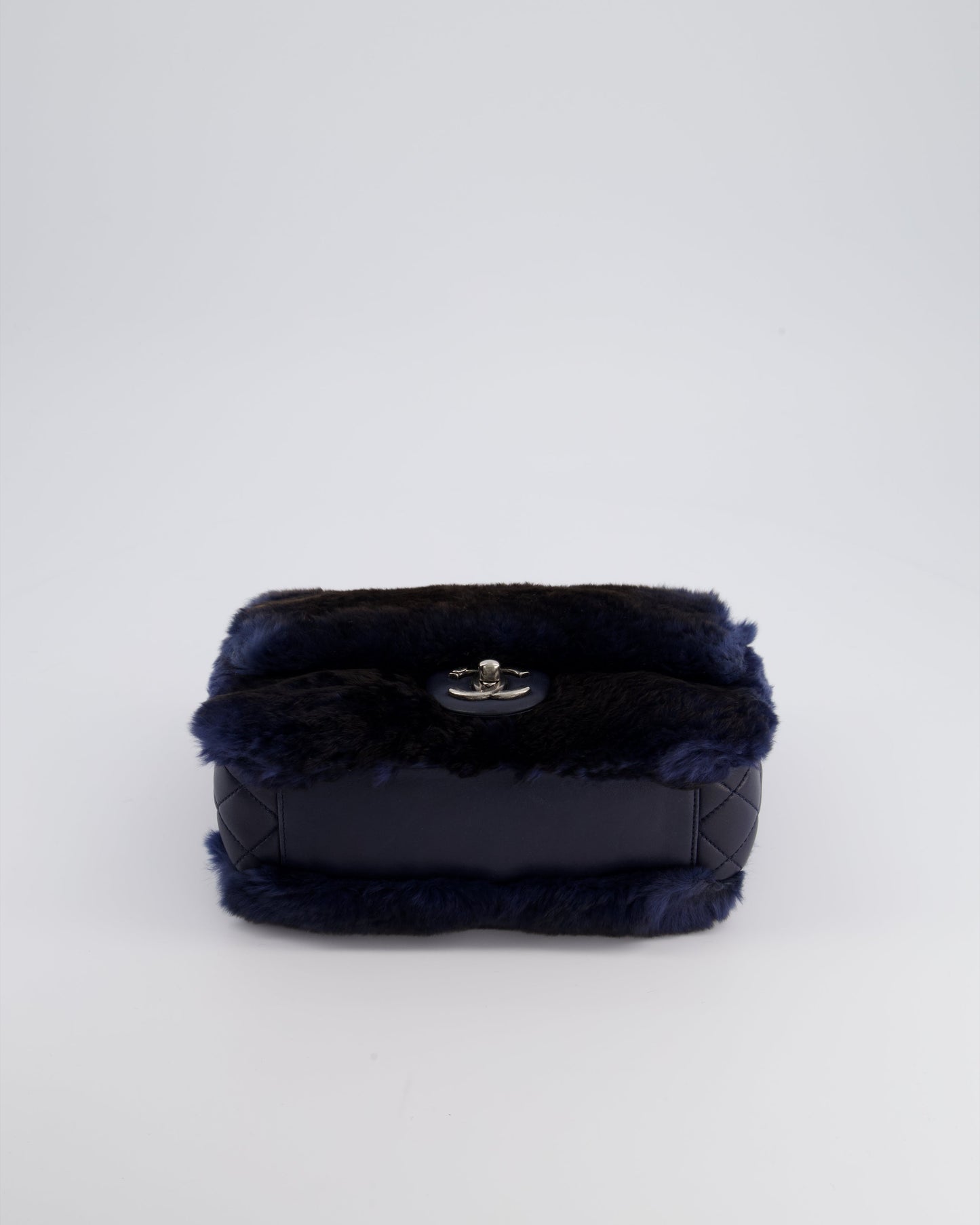 Chanel Navy Rabbit Fur Single Flap Bag with Silver Hardware