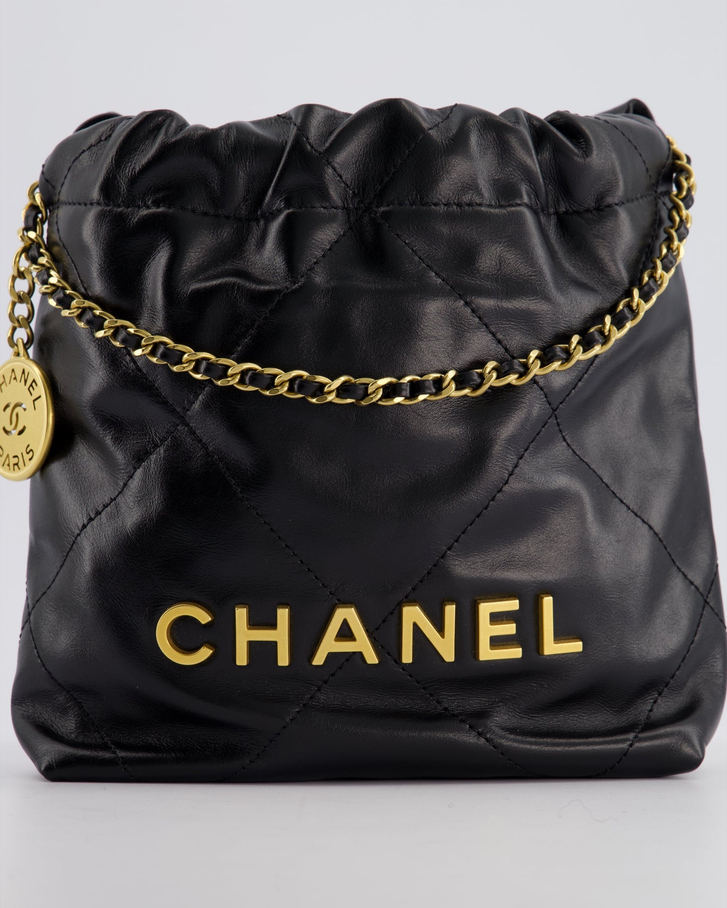 Chanel Mini 22 Bag in Black Shiny Calfskin with Gold Hardware