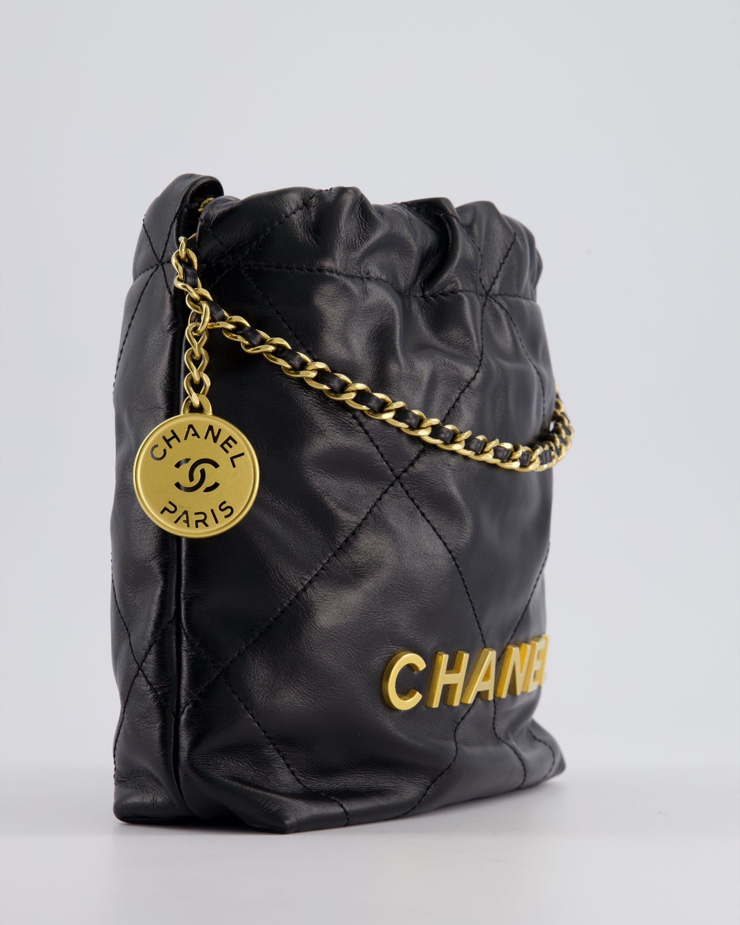 Chanel Mini 22 Bag in Black Shiny Calfskin with Gold Hardware
