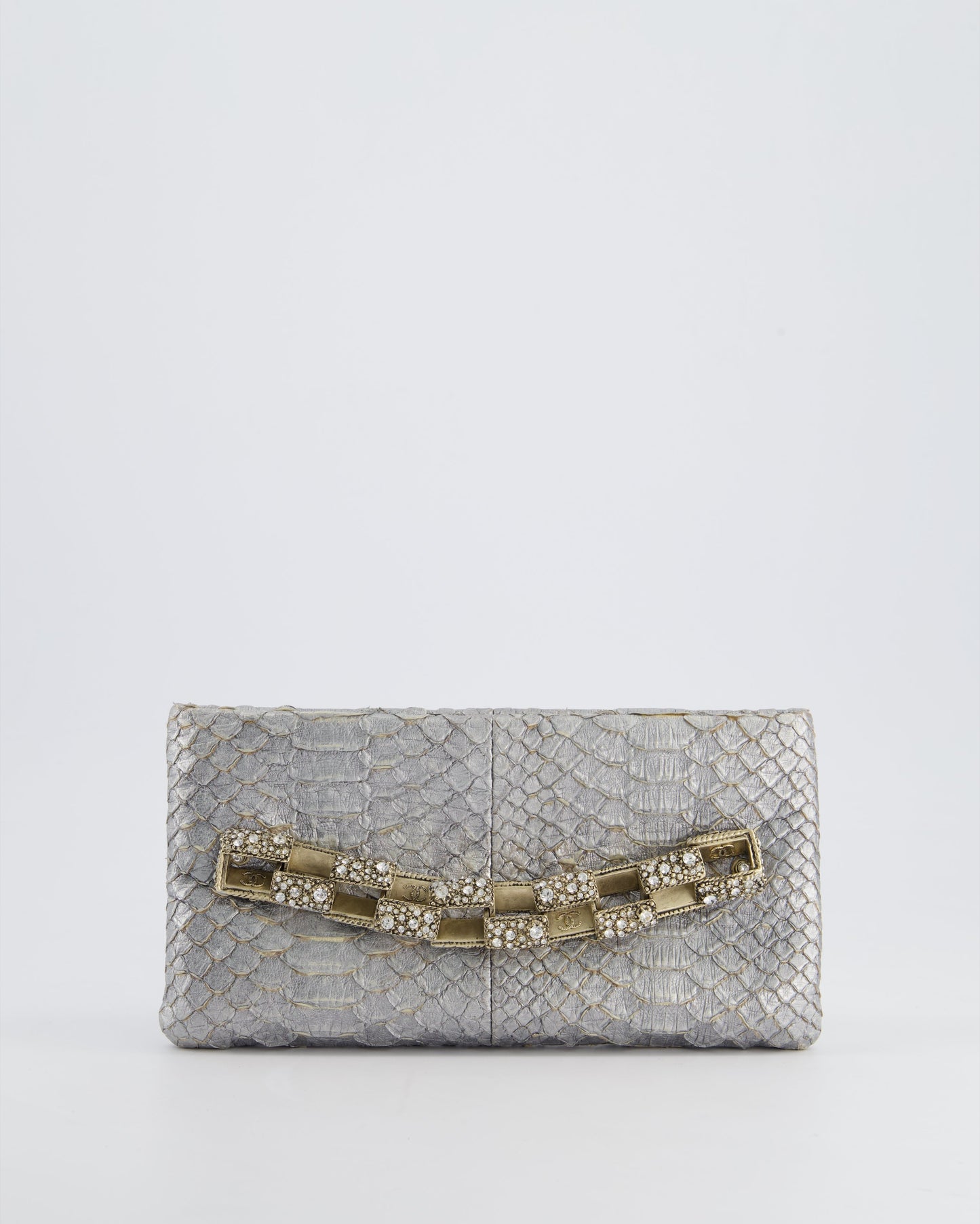 *RARE* Chanel Metallic Silver Bombay Clutch in Python Leather and Antique Gold Hardware with Embellished Crystals