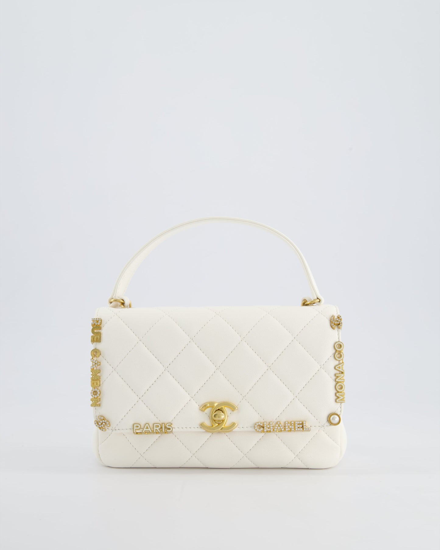 *LIMITED EDITION* Chanel White Monaco Mini Single Flap Bag with Black Interior, Crystal Details and Brushed Gold Hardware
