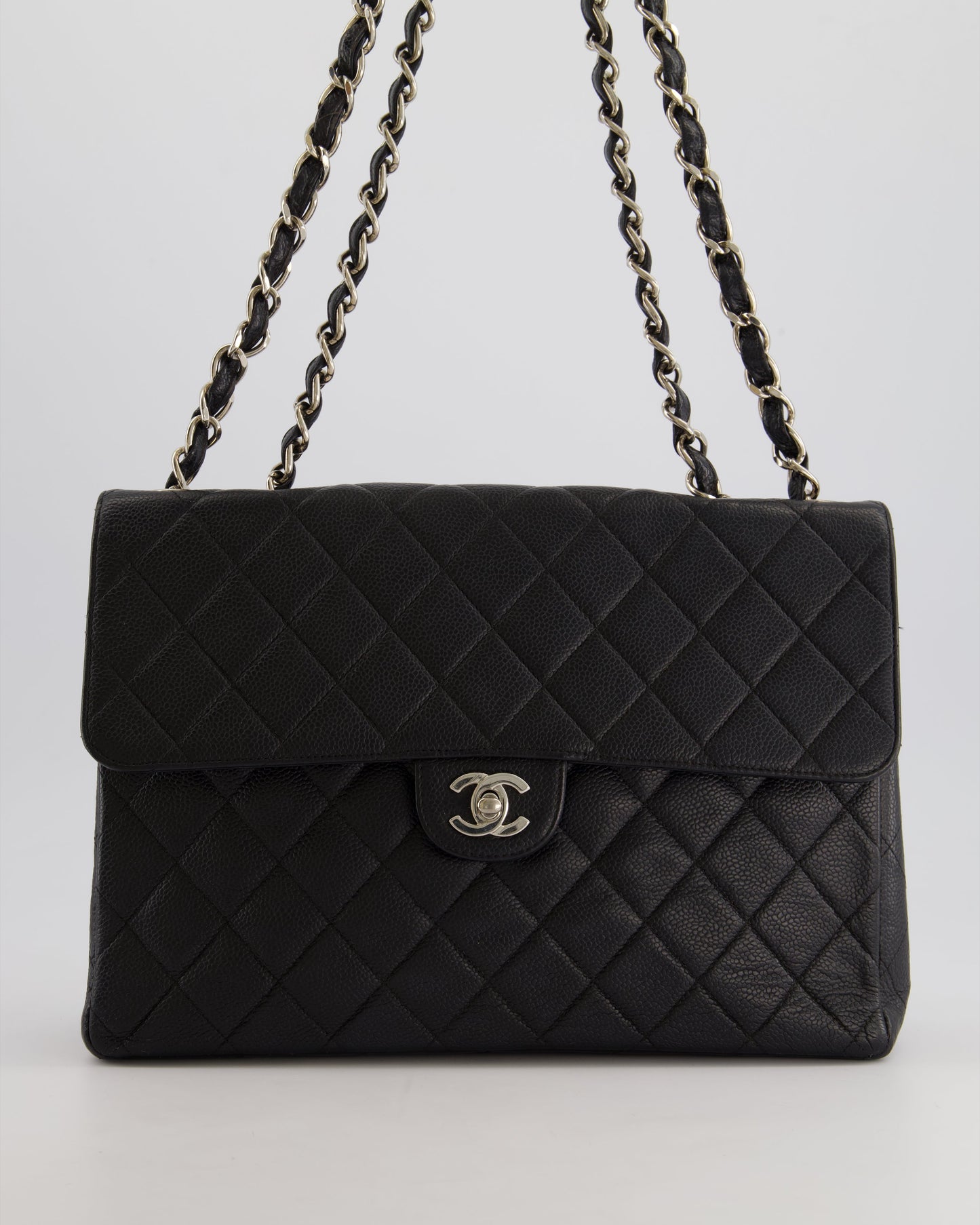 Chanel Black Quilted Caviar Square Jumbo Classic Single Flap Bag with Silver Hardware