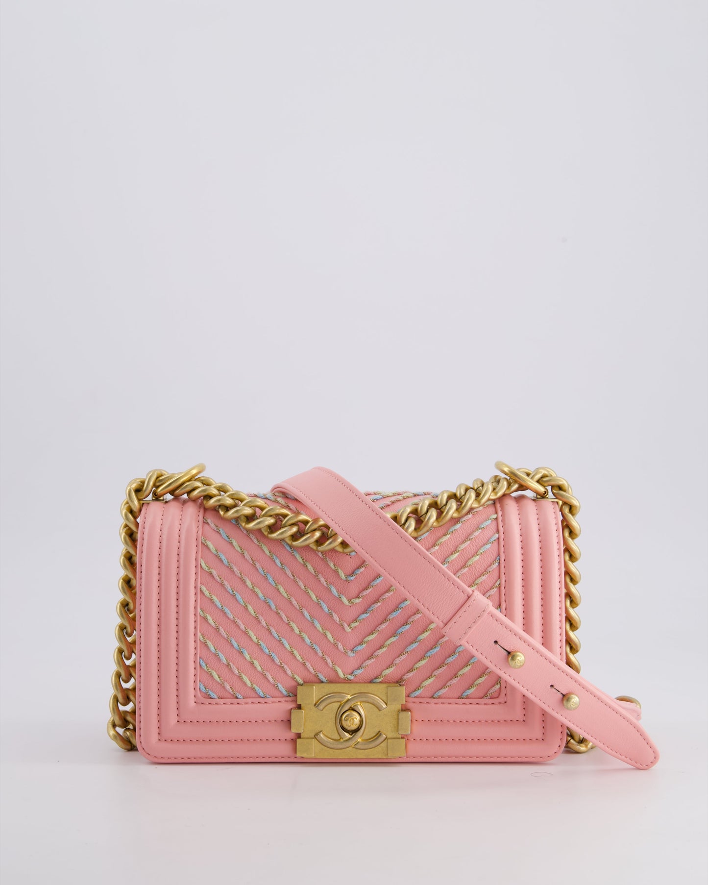 Chanel Pink Small Boy Bag in Lambskin Leather with Pastel Chevron Detail and Brushed Gold Hardware