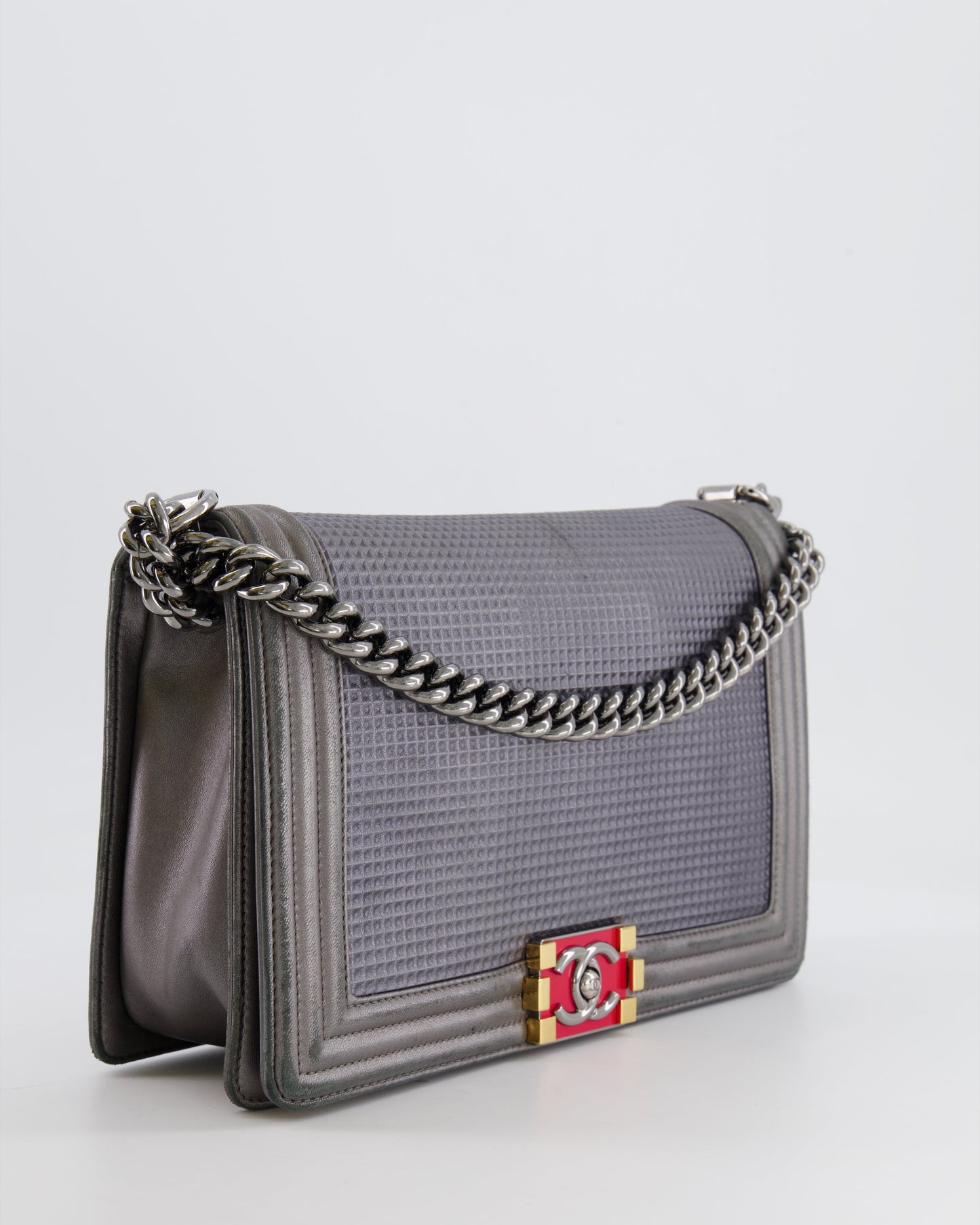 Chanel Grey Silver Medium Cube Calfskin Boy Bag with Silver, Gold and Red Hardware
