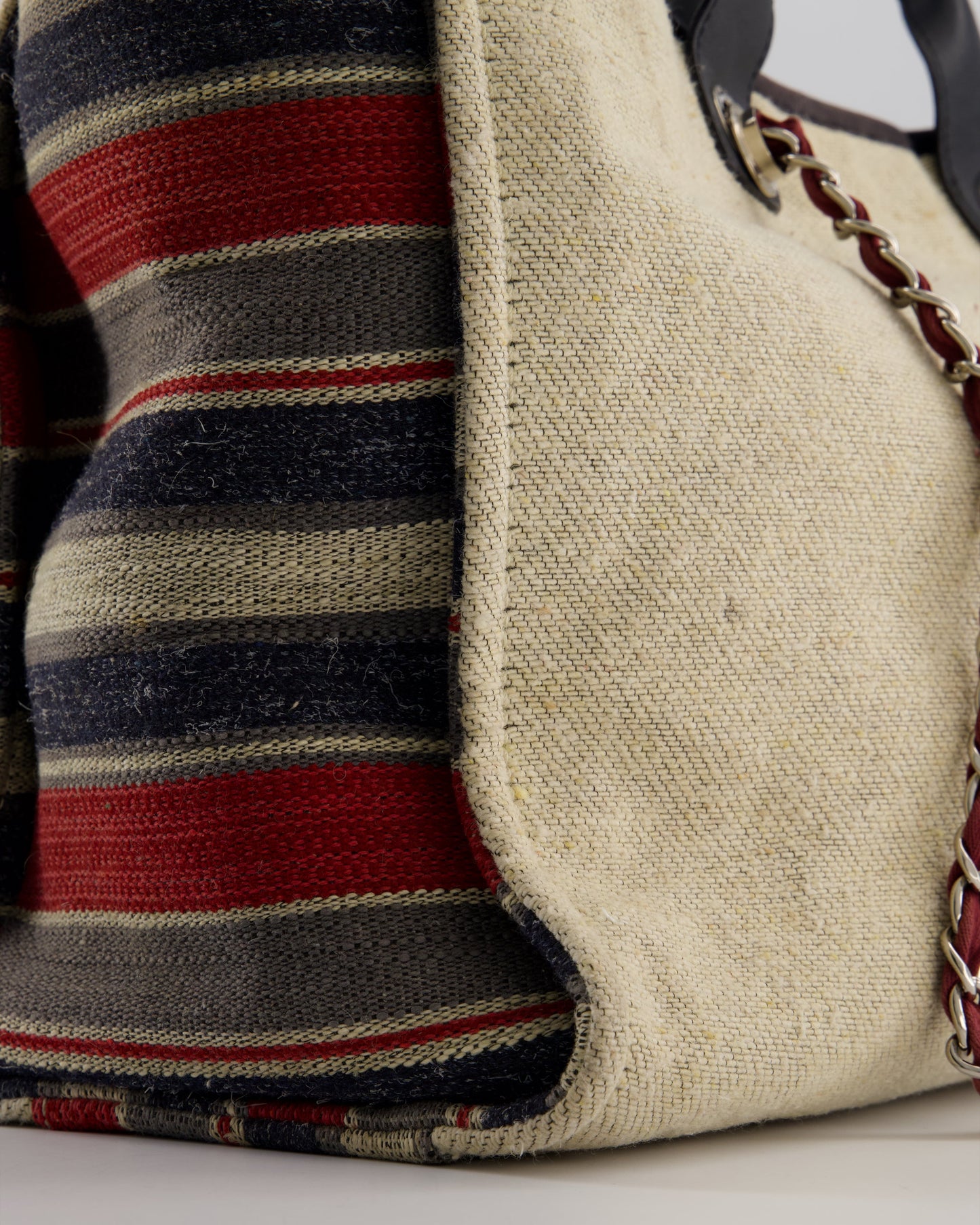 Chanel Blue and Red Medium Deauville Tote with Stripe Detail and Silver Hardware
