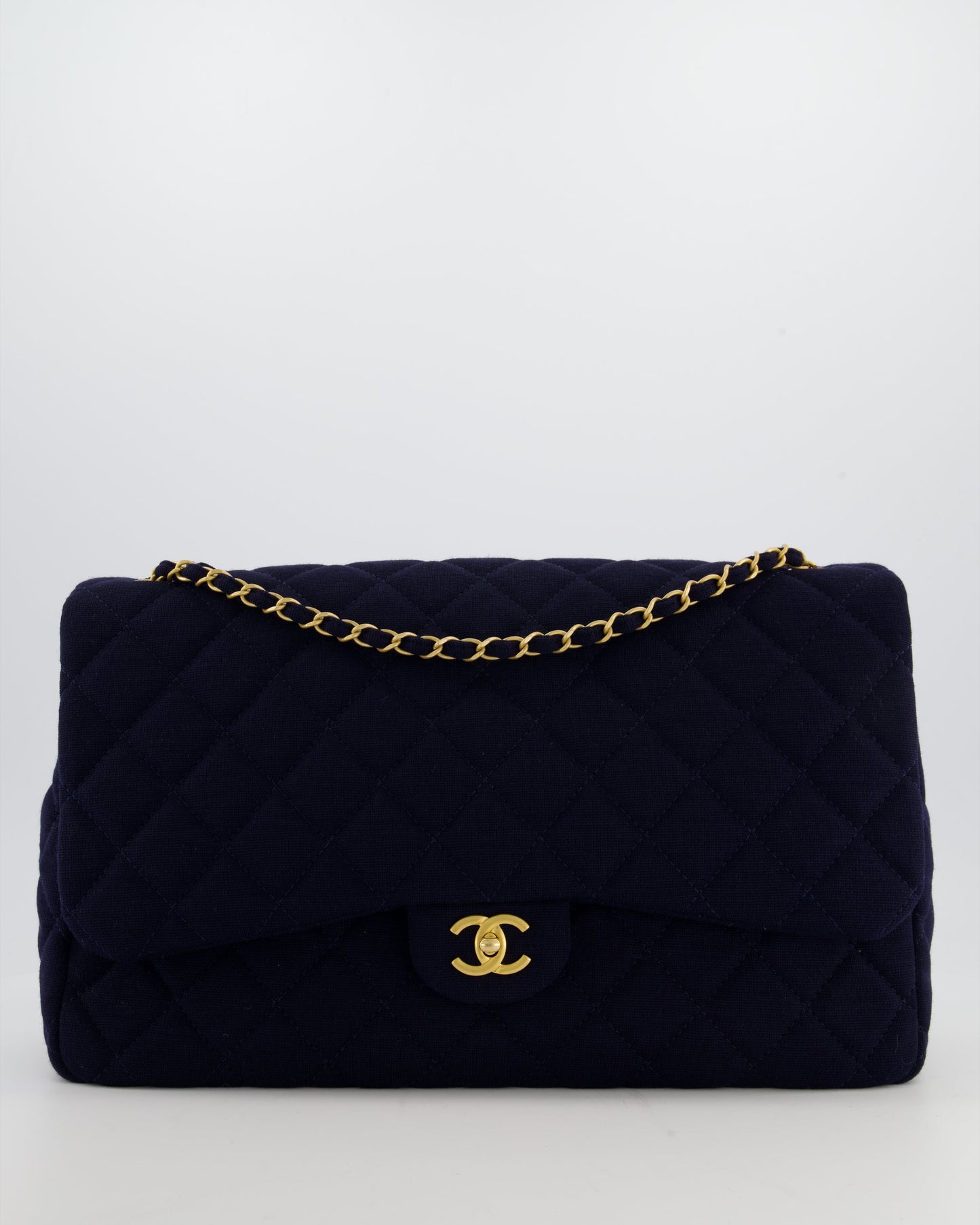 *HOT* Chanel Navy XXL Single Flap Bag in Quilted Jersey with Gold Hardware