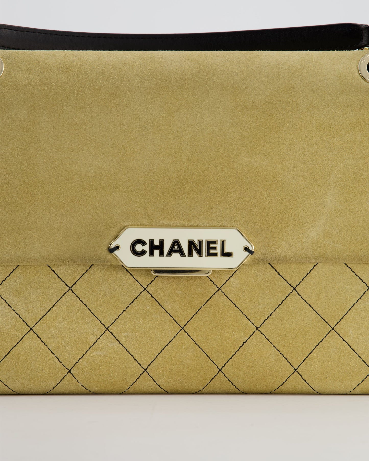 Chanel Beige Retro Label Matelasse Suede Flap Bag with Black Leather Chain & Champagne Gold Hardware
