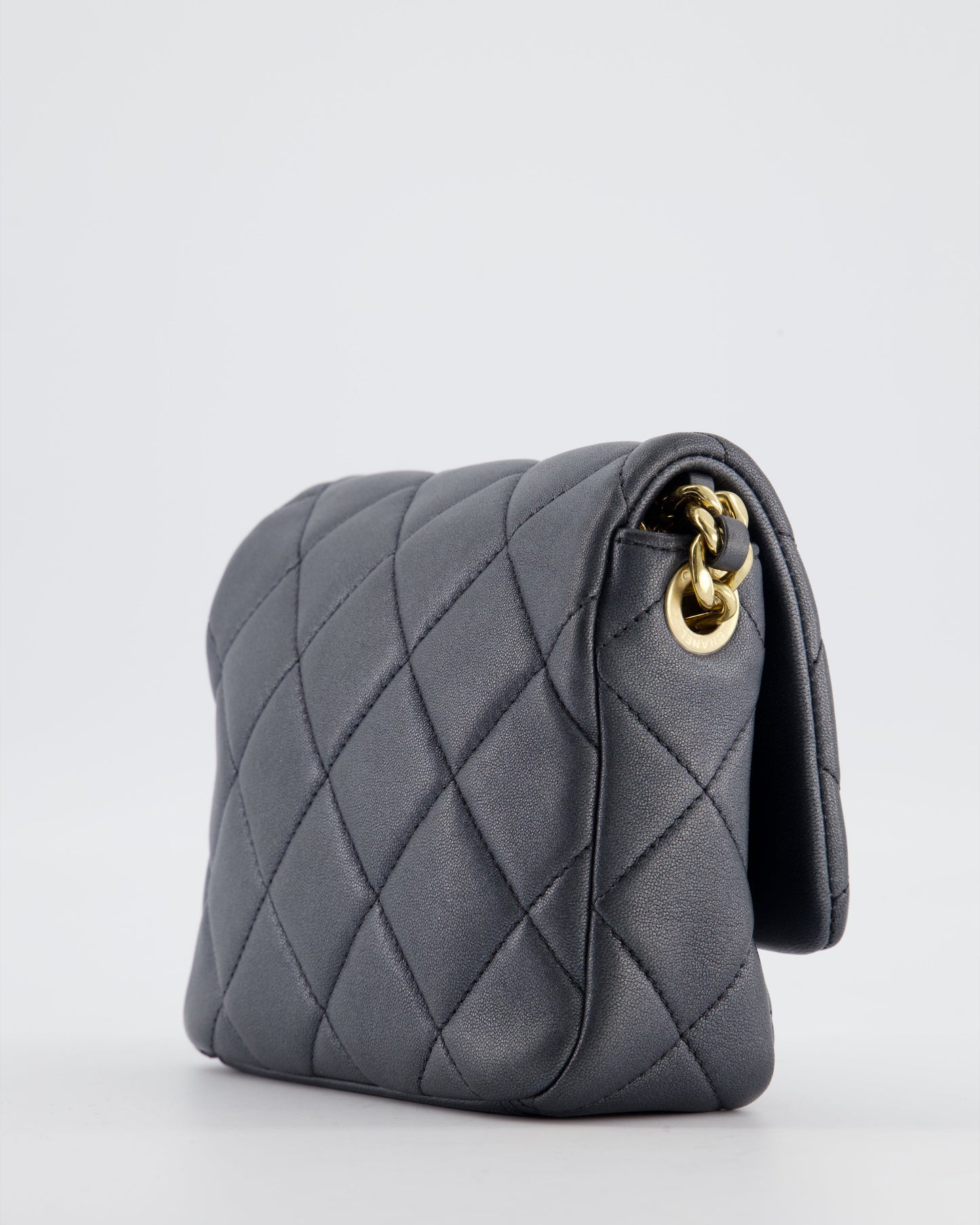 Chanel Dark Metallic Silver Small Flap Bag in Lambskin Leather with Gold Hardware and Chanel Charm Chain