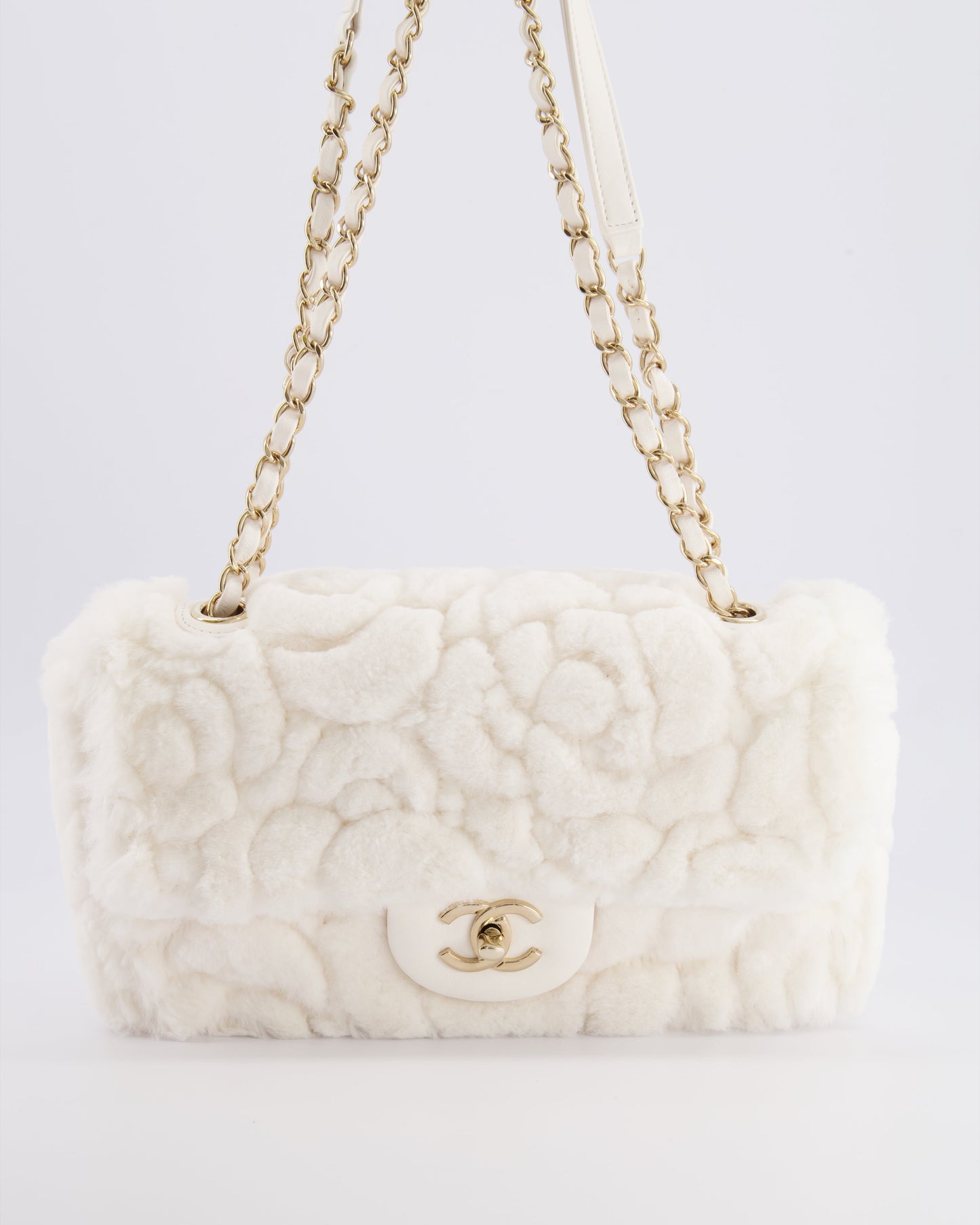 *RARE* Chanel White Rabbit Fur Classic Single Flap Bag with Camelia Flower Motif and Champagne Gold Hardware
