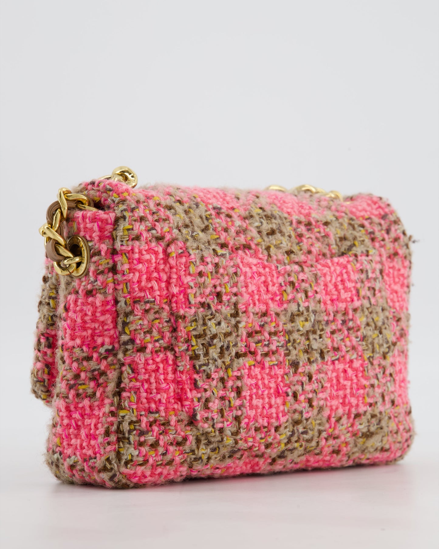 Chanel Mini 19 Flap Bag in Pink, Beige Check Tweed with Gold Hardware and Chunky Gold Chain Handle