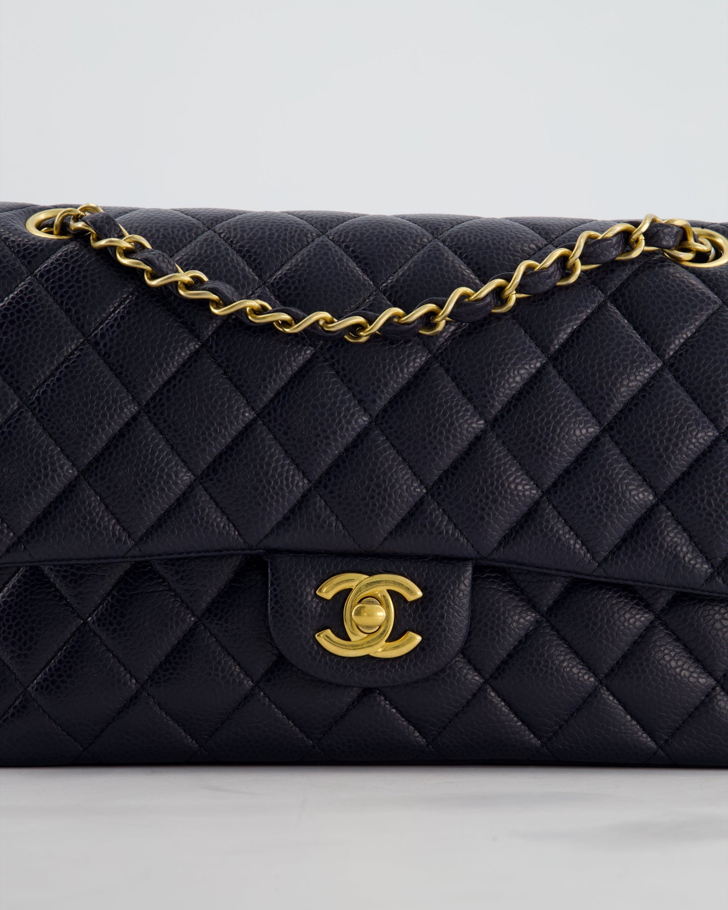 Chanel Medium Navy Classic Double Flap Bag in Caviar Leather with Aged Brushed Gold Hardware