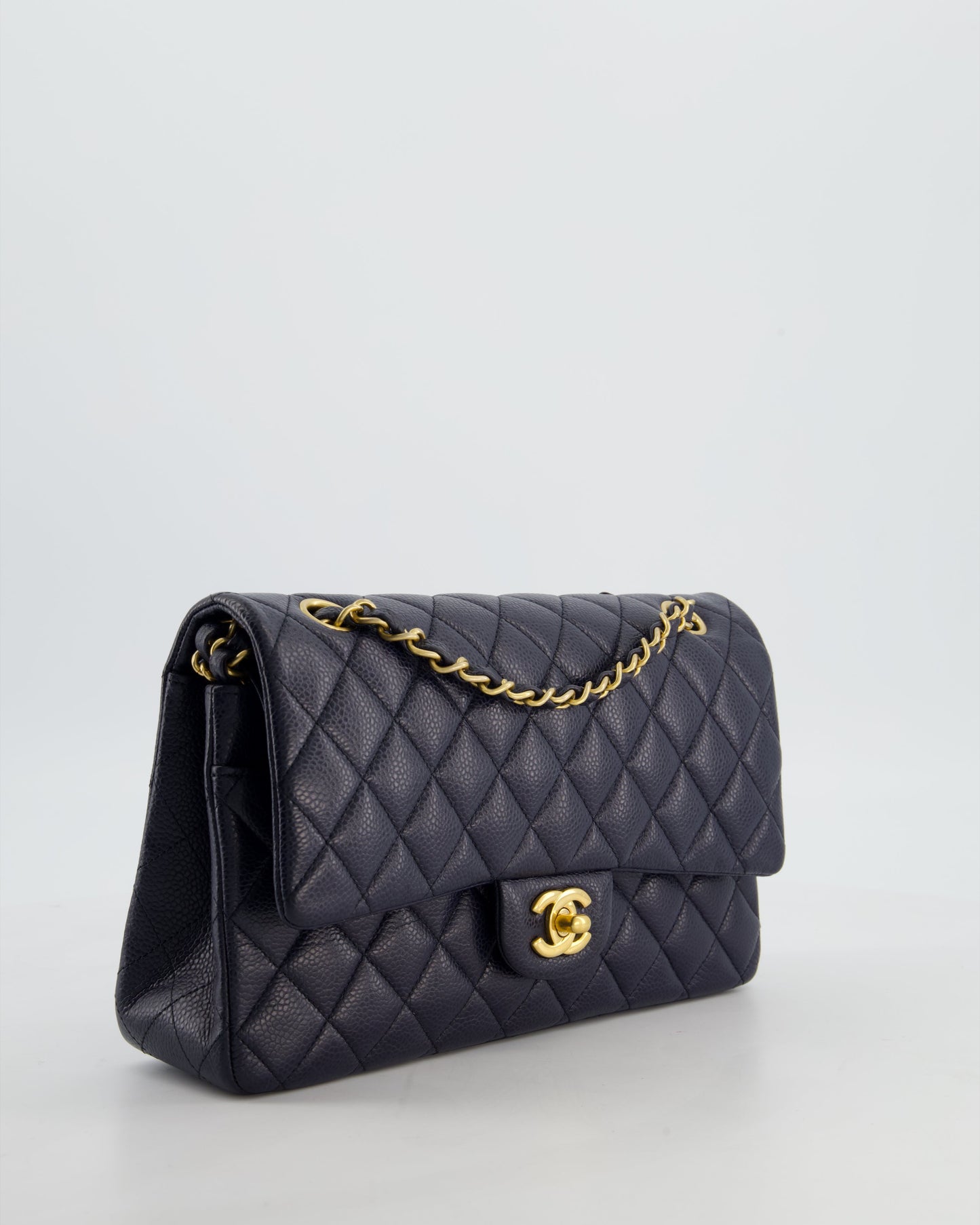 Chanel Medium Navy Classic Double Flap Bag in Caviar Leather with Aged Brushed Gold Hardware