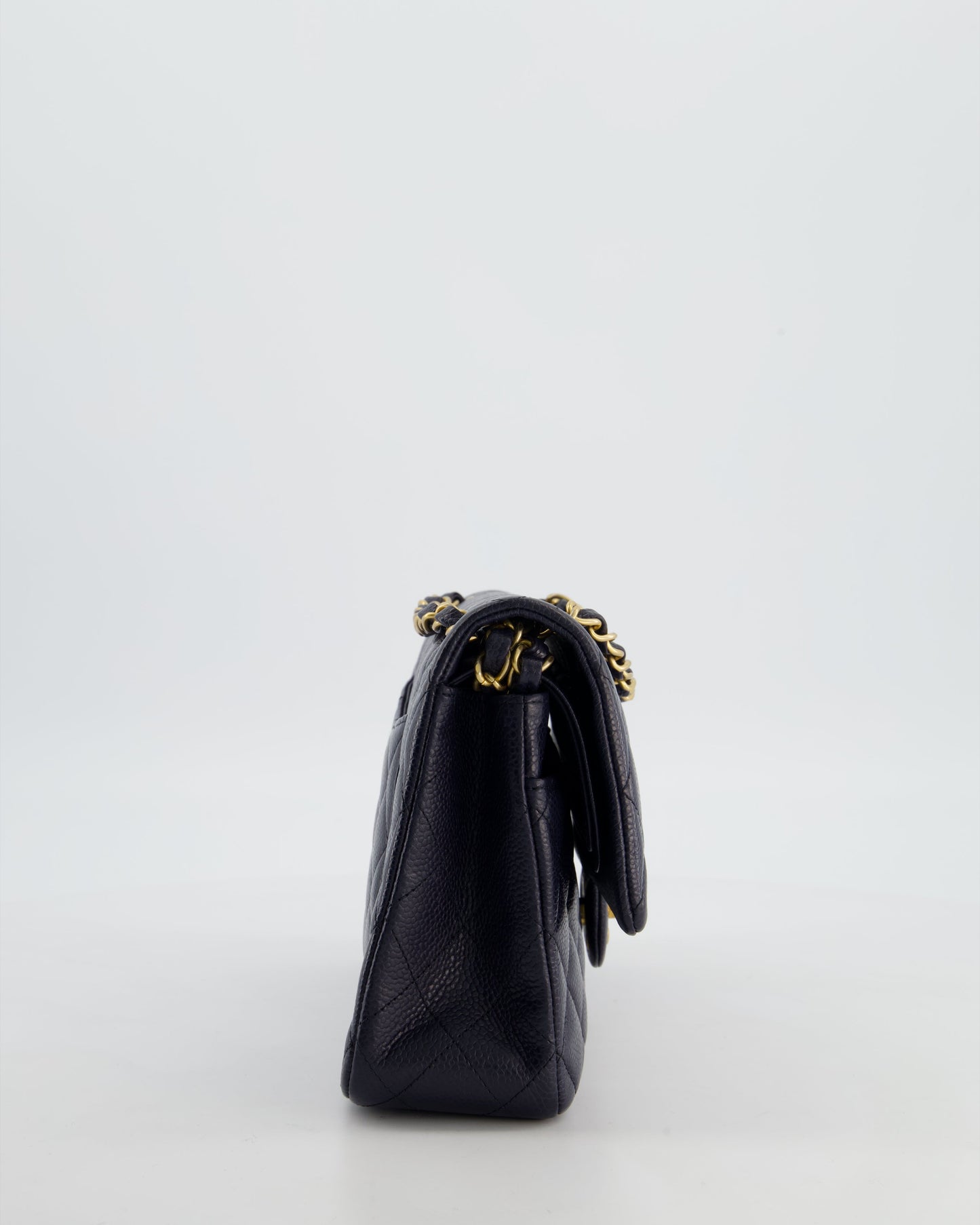 Chanel Medium Navy Classic Double Flap Bag in Caviar Leather with Aged Brushed Gold Hardware