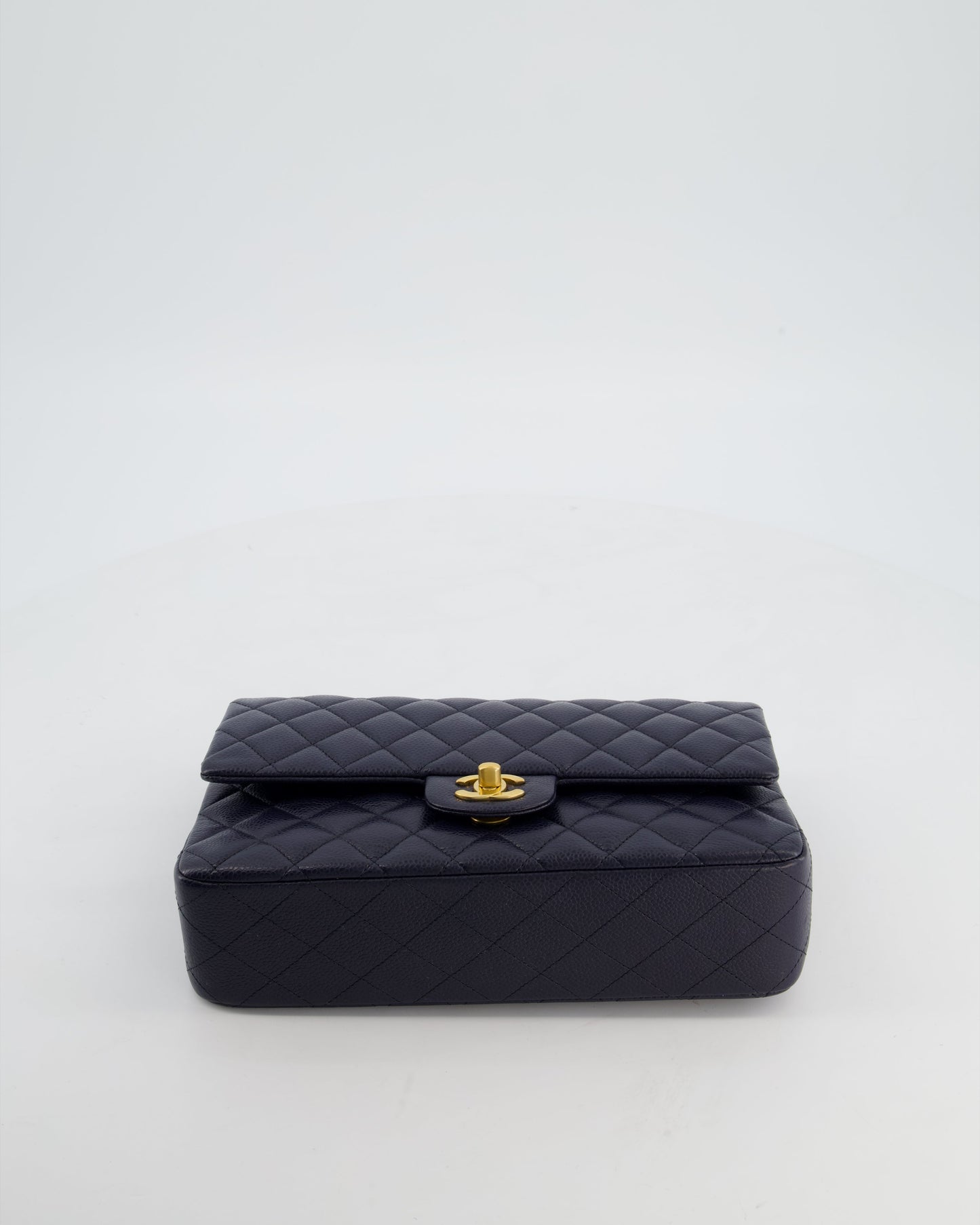 Chanel Medium Navy Classic Double Flap Bag in Caviar Leather with Aged Brushed Gold Hardware