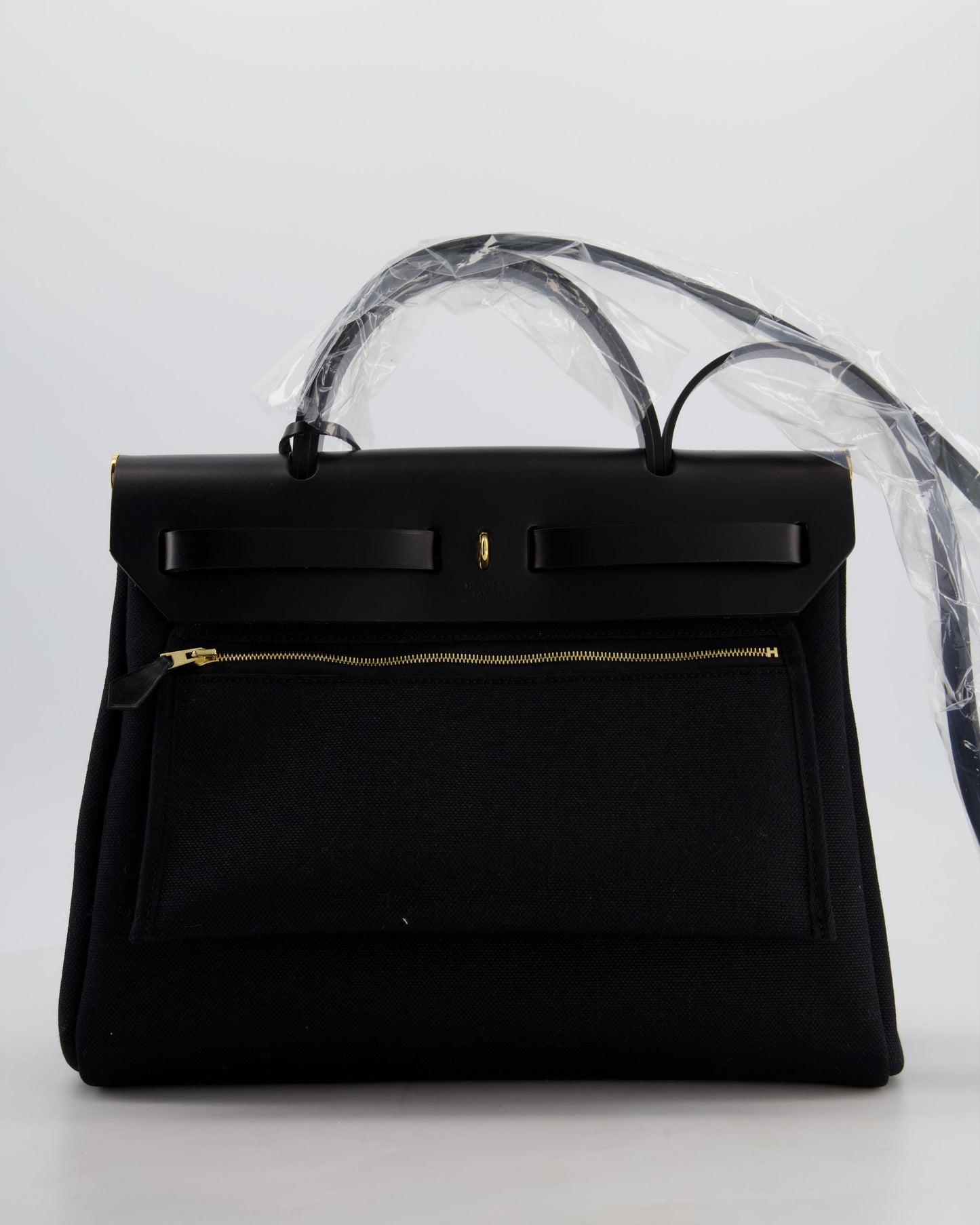 Hermès Herbag 31 Zip Bag in Noir Toile Officier Canvas, Noir Vache Hunter Leather with Gold Hardware