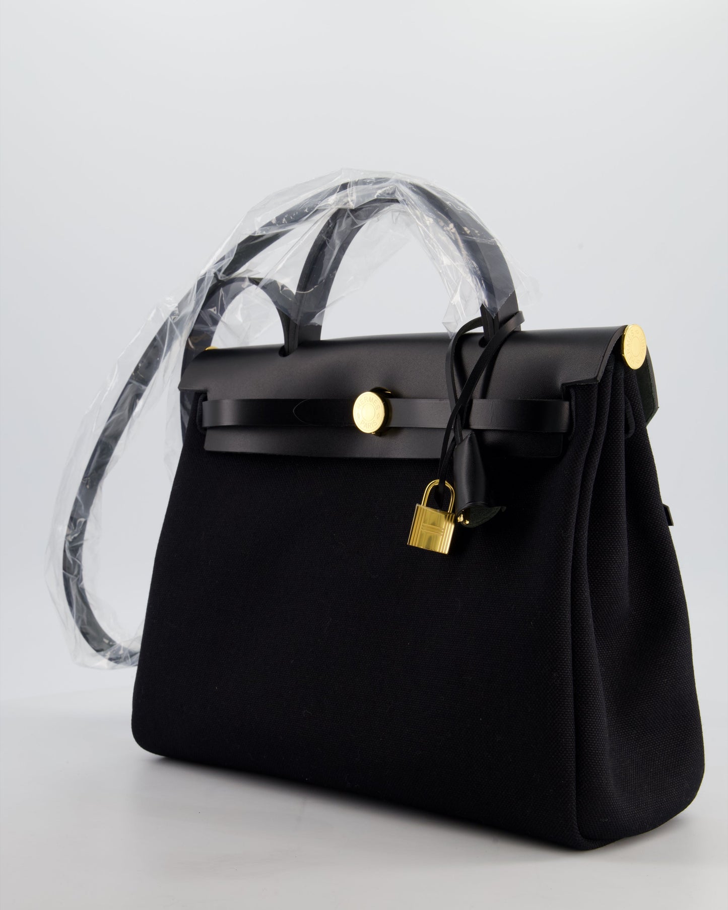 Hermès Herbag 31 Zip Bag in Noir Toile Officier Canvas, Noir Vache Hunter Leather with Gold Hardware