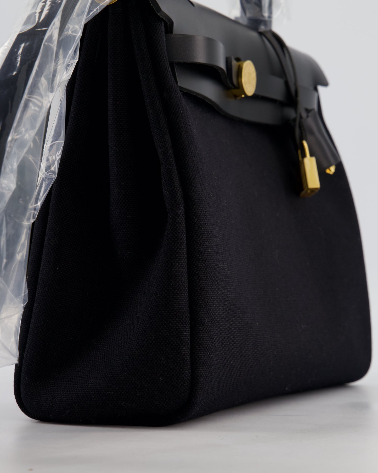 Hermès Herbag 31 Zip Bag in Noir Toile Officier Canvas, Noir Vache Hunter Leather with Gold Hardware