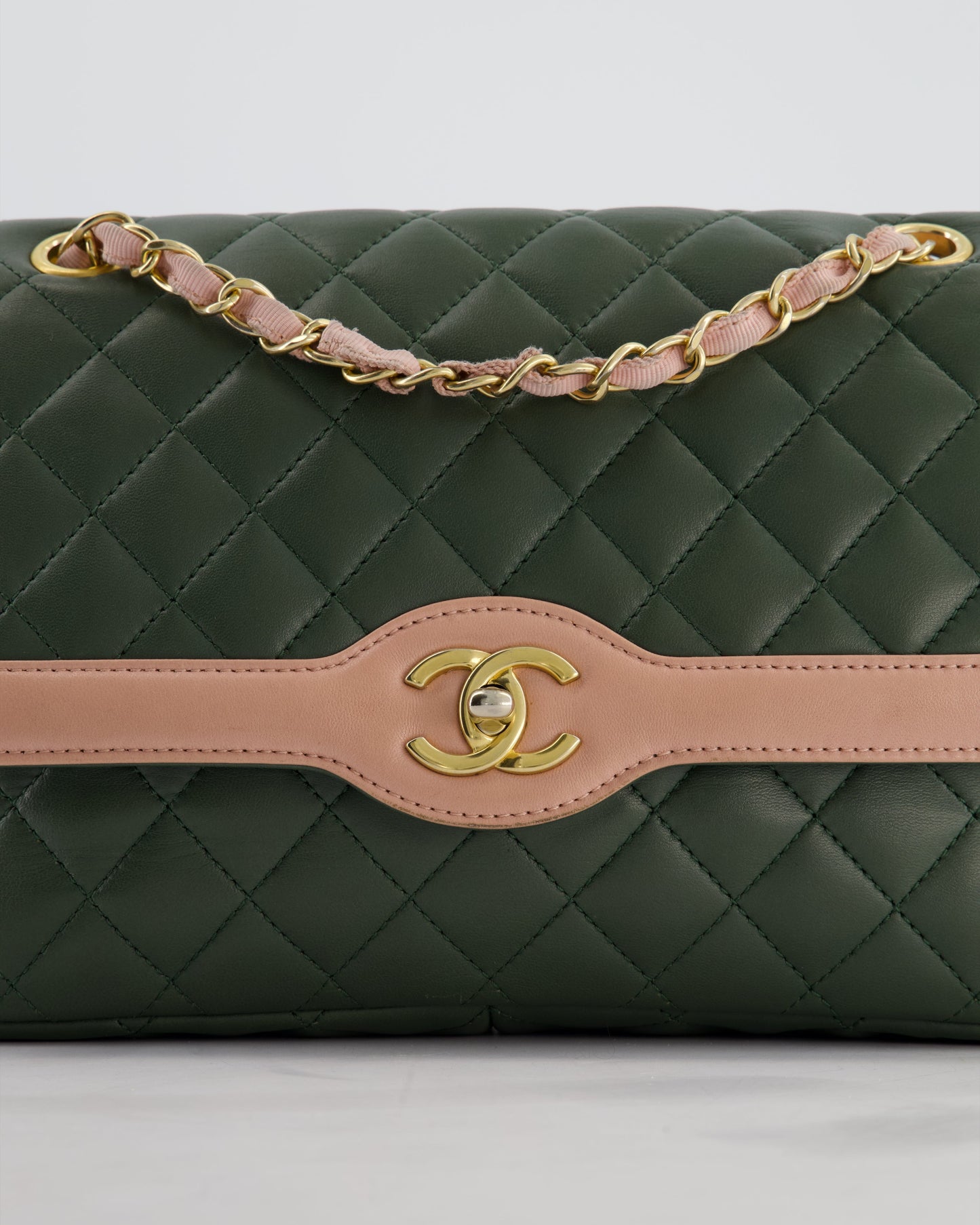 Chanel Khaki and Pink Single Flap Bag in Lambskin Leather with Gold Hardware