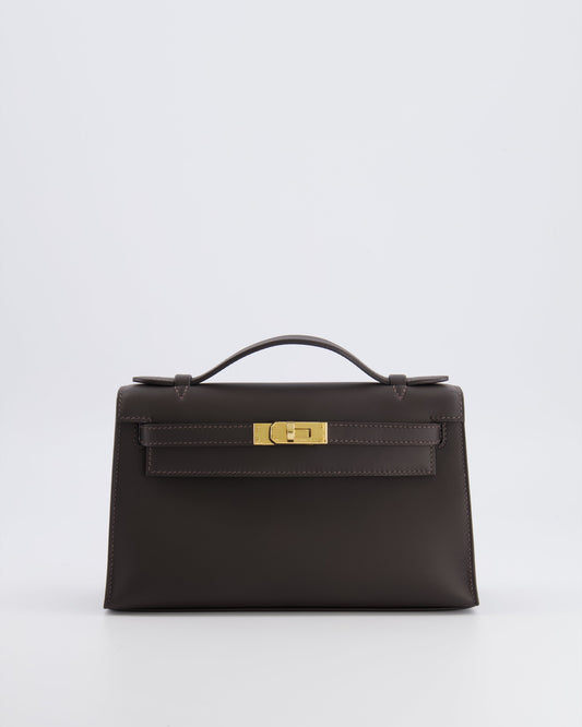 *RARE* Hermès Kelly Pochette Bag in Bai Brun Swift Leather with Gold Hardware