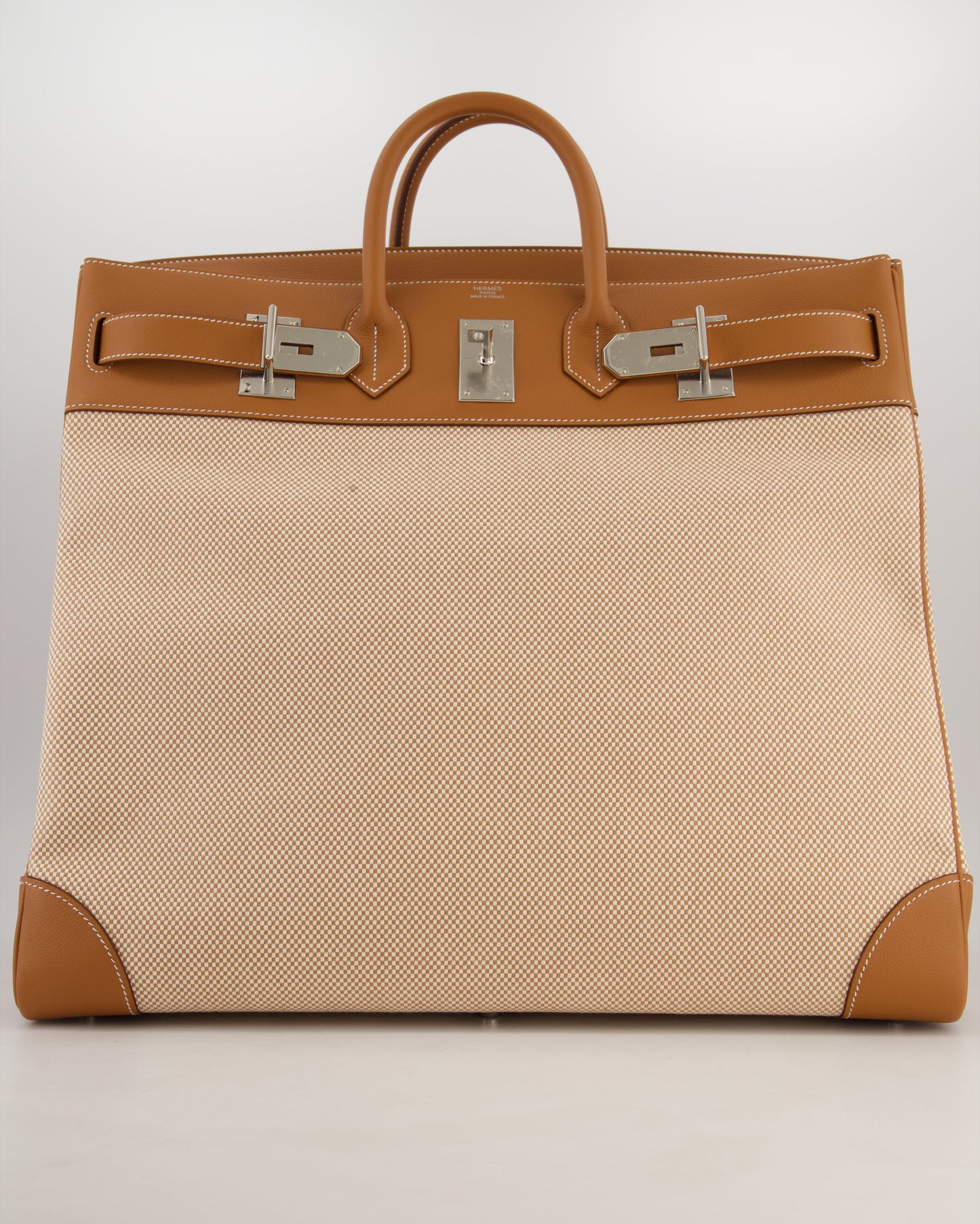 *RARE* Hermès Haut à Courroies HAC 50 Bag in Gold Evercolour Leather & Écru/Beige Toile Cross Canvas with Palladium Hardware