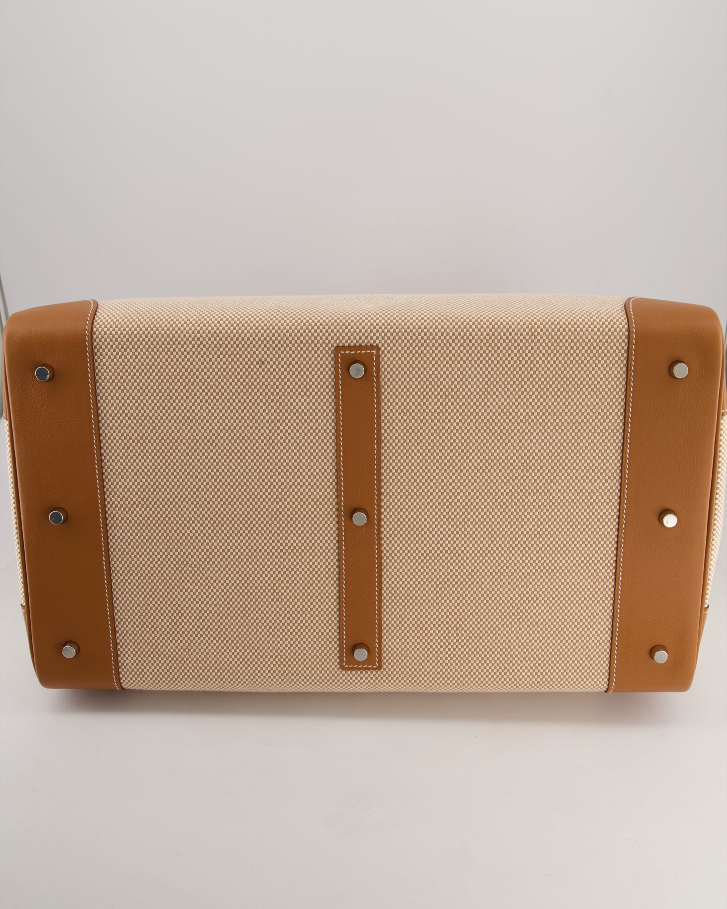 *RARE* Hermès Haut à Courroies HAC 50 Bag in Gold Evercolour Leather & Écru/Beige Toile Cross Canvas with Palladium Hardware