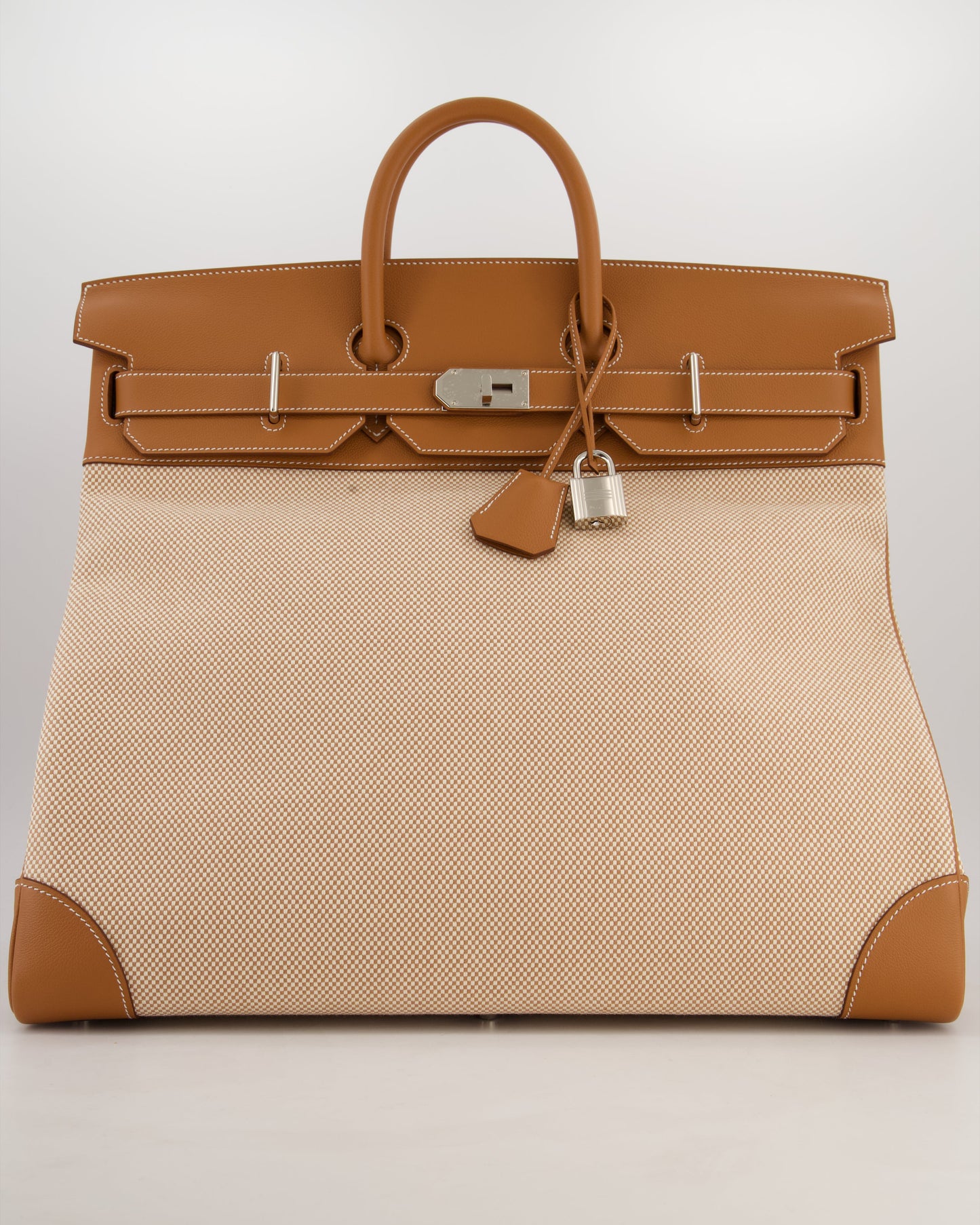 *RARE* Hermès Haut à Courroies HAC 50 Bag in Gold Evercolour Leather & Écru/Beige Toile Cross Canvas with Palladium Hardware