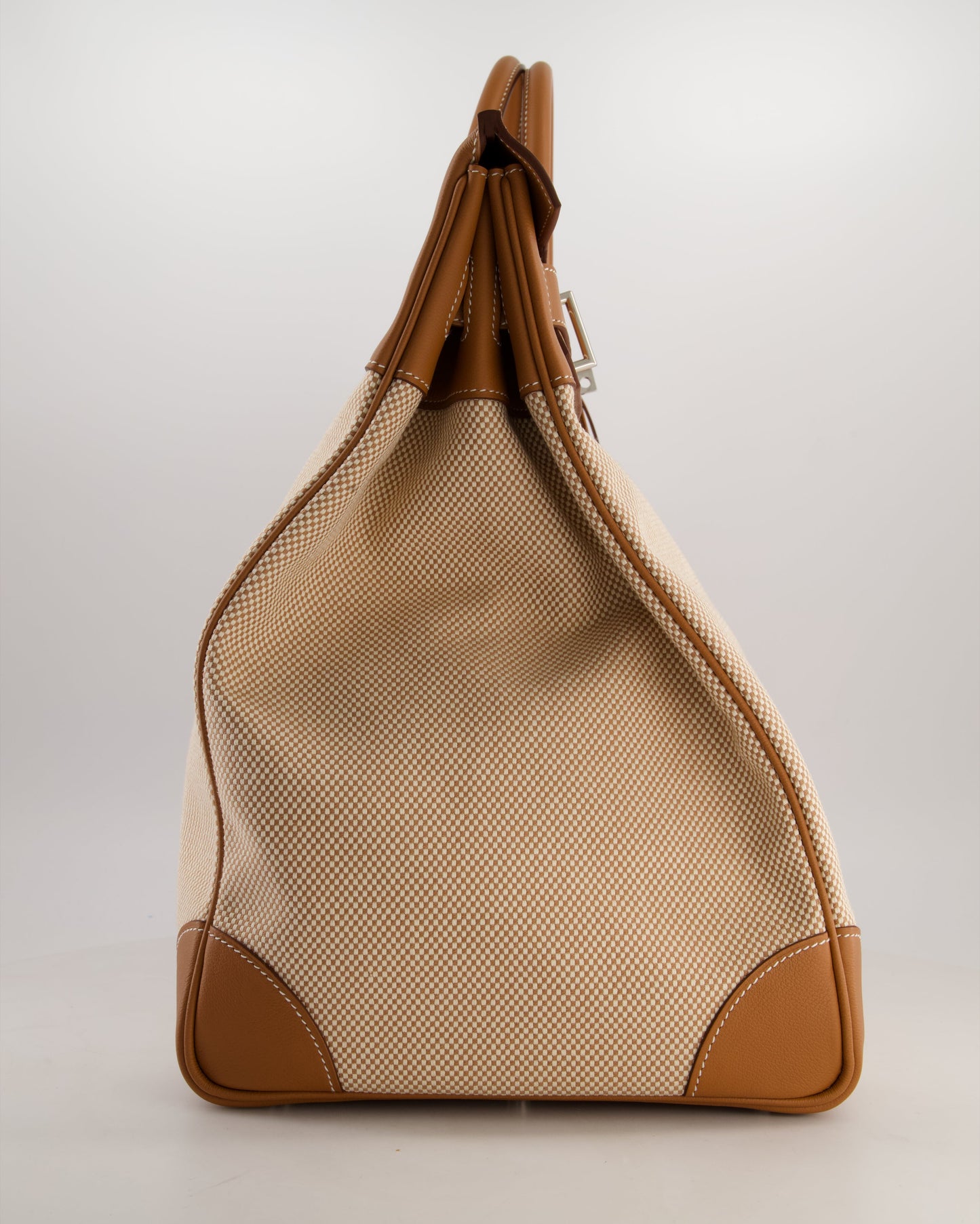 *RARE* Hermès Haut à Courroies HAC 50 Bag in Gold Evercolour Leather & Écru/Beige Toile Cross Canvas with Palladium Hardware