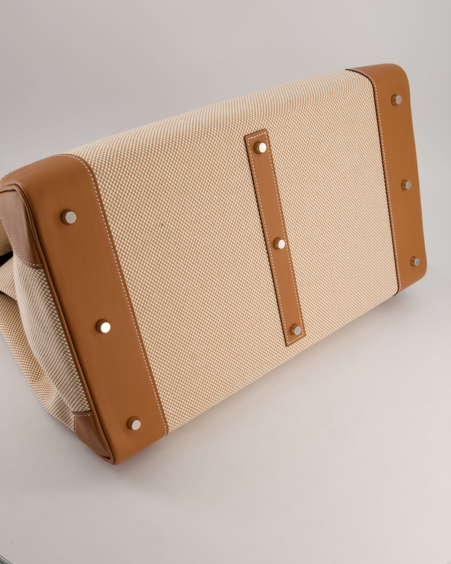 *RARE* Hermès Haut à Courroies HAC 50 Bag in Gold Evercolour Leather & Écru/Beige Toile Cross Canvas with Palladium Hardware