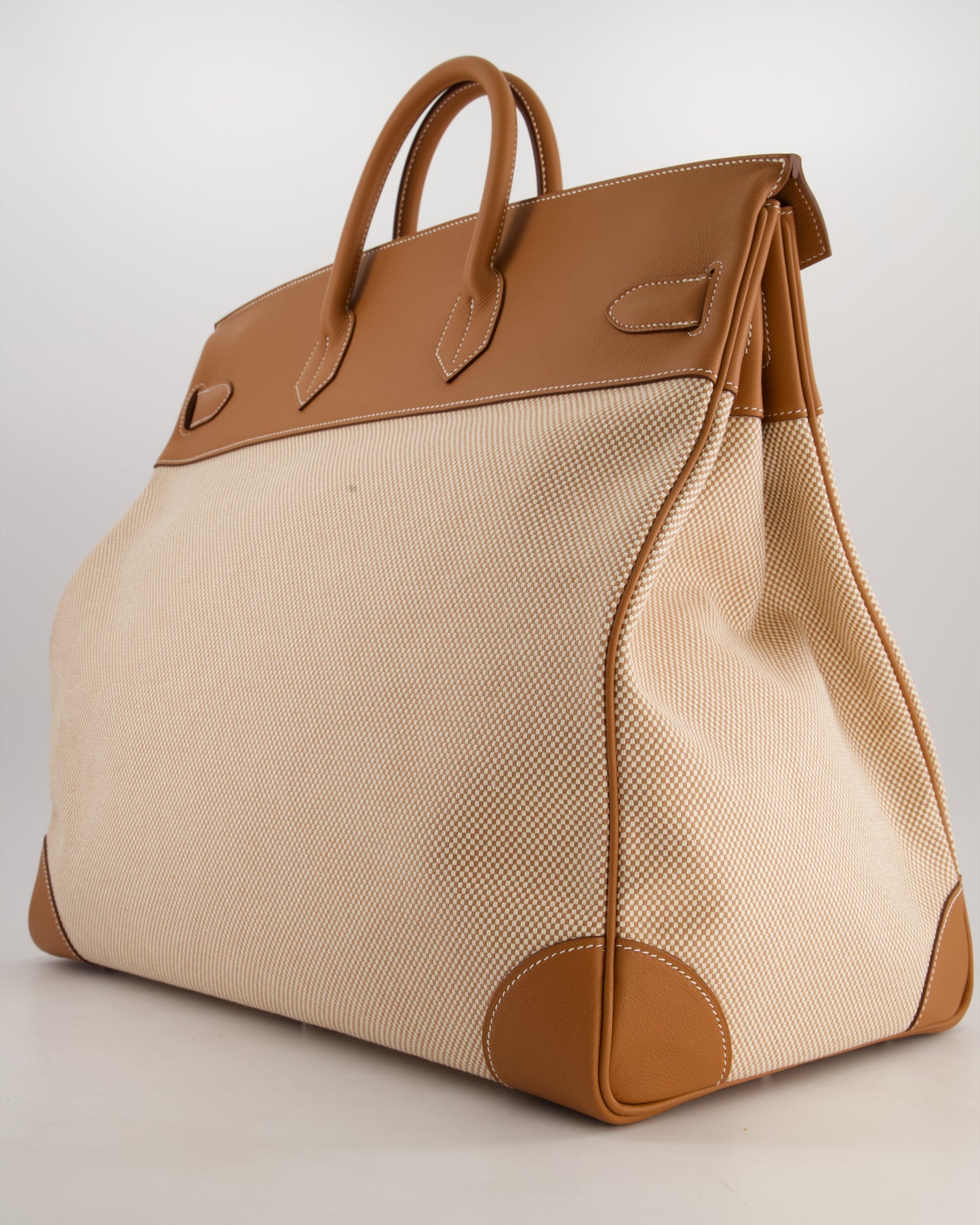 *RARE* Hermès Haut à Courroies HAC 50 Bag in Gold Evercolour Leather & Écru/Beige Toile Cross Canvas with Palladium Hardware