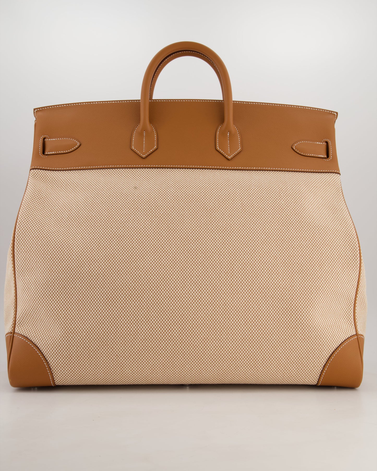 *RARE* Hermès Haut à Courroies HAC 50 Bag in Gold Evercolour Leather & Écru/Beige Toile Cross Canvas with Palladium Hardware