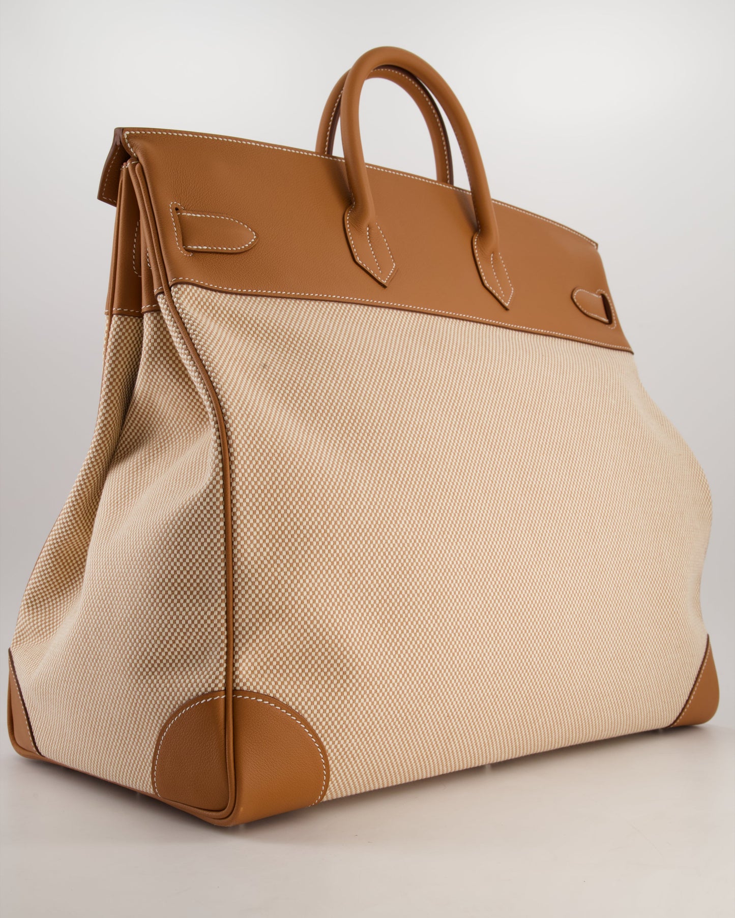 *RARE* Hermès Haut à Courroies HAC 50 Bag in Gold Evercolour Leather & Écru/Beige Toile Cross Canvas with Palladium Hardware