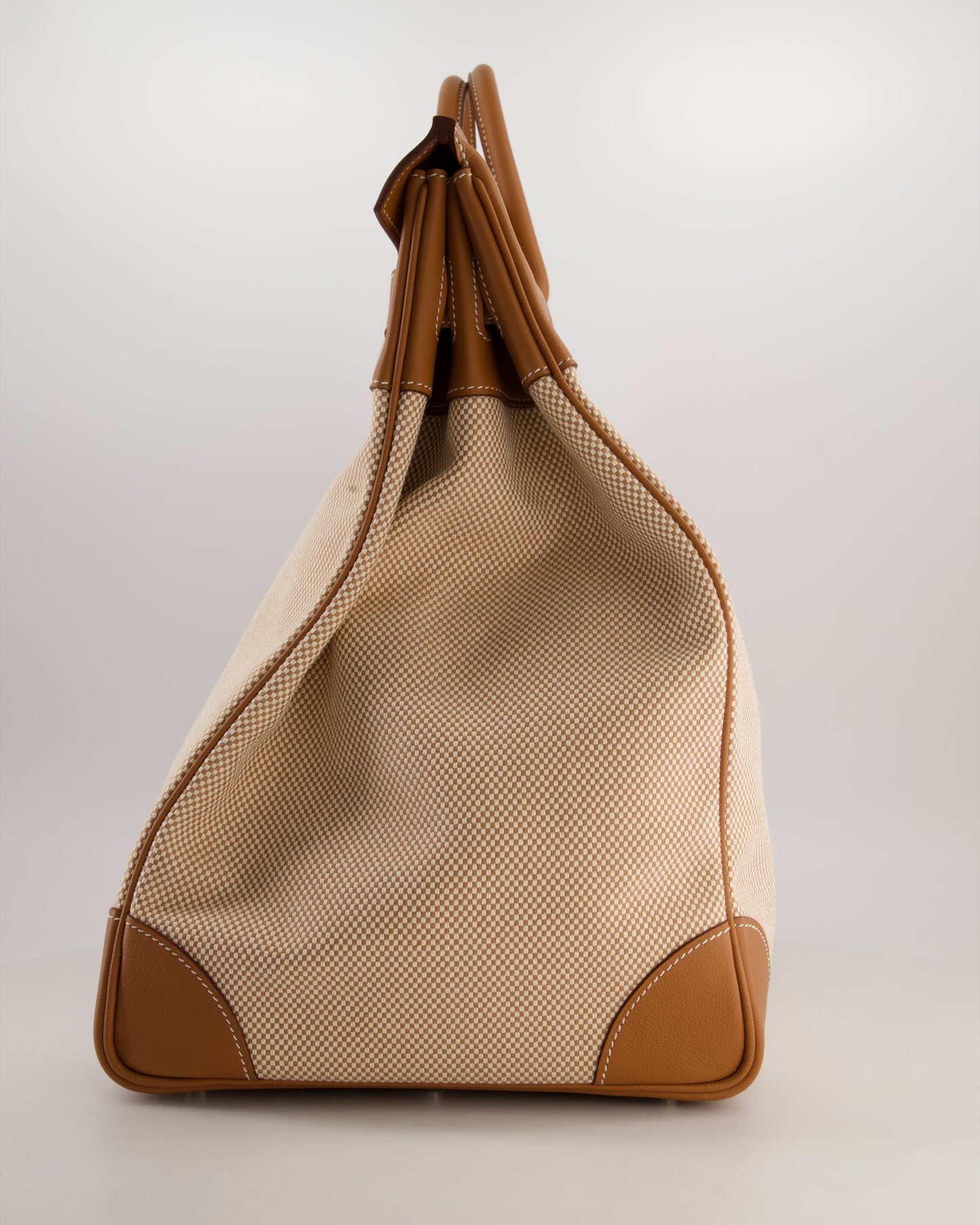 *RARE* Hermès Haut à Courroies HAC 50 Bag in Gold Evercolour Leather & Écru/Beige Toile Cross Canvas with Palladium Hardware